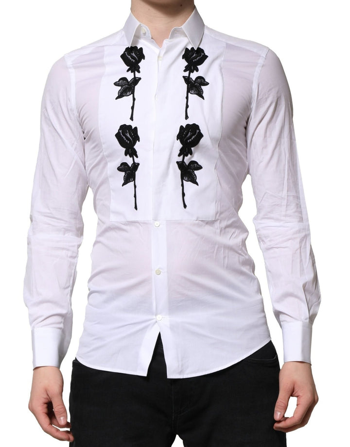 Dolce & Gabbana White Floral Embroidery Men GOLD Formal Shirt - RIMODA