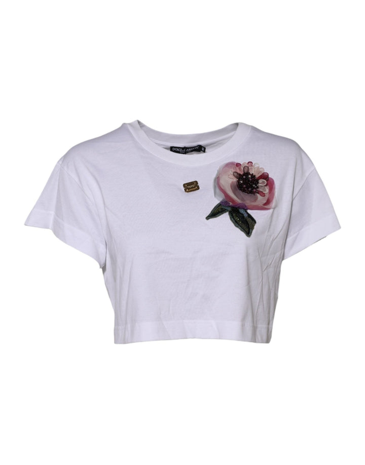 Dolce & Gabbana White Floral Lace DG Detailing Cropped T-shirt - RIMODA