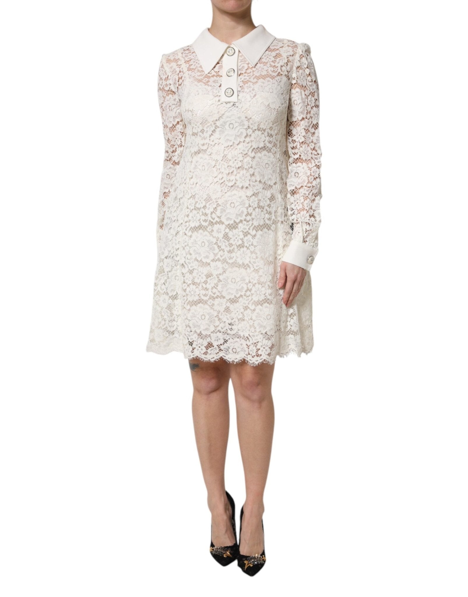 Dolce & Gabbana White Floral Lace Long Sleeves Shift Dress - RIMODA