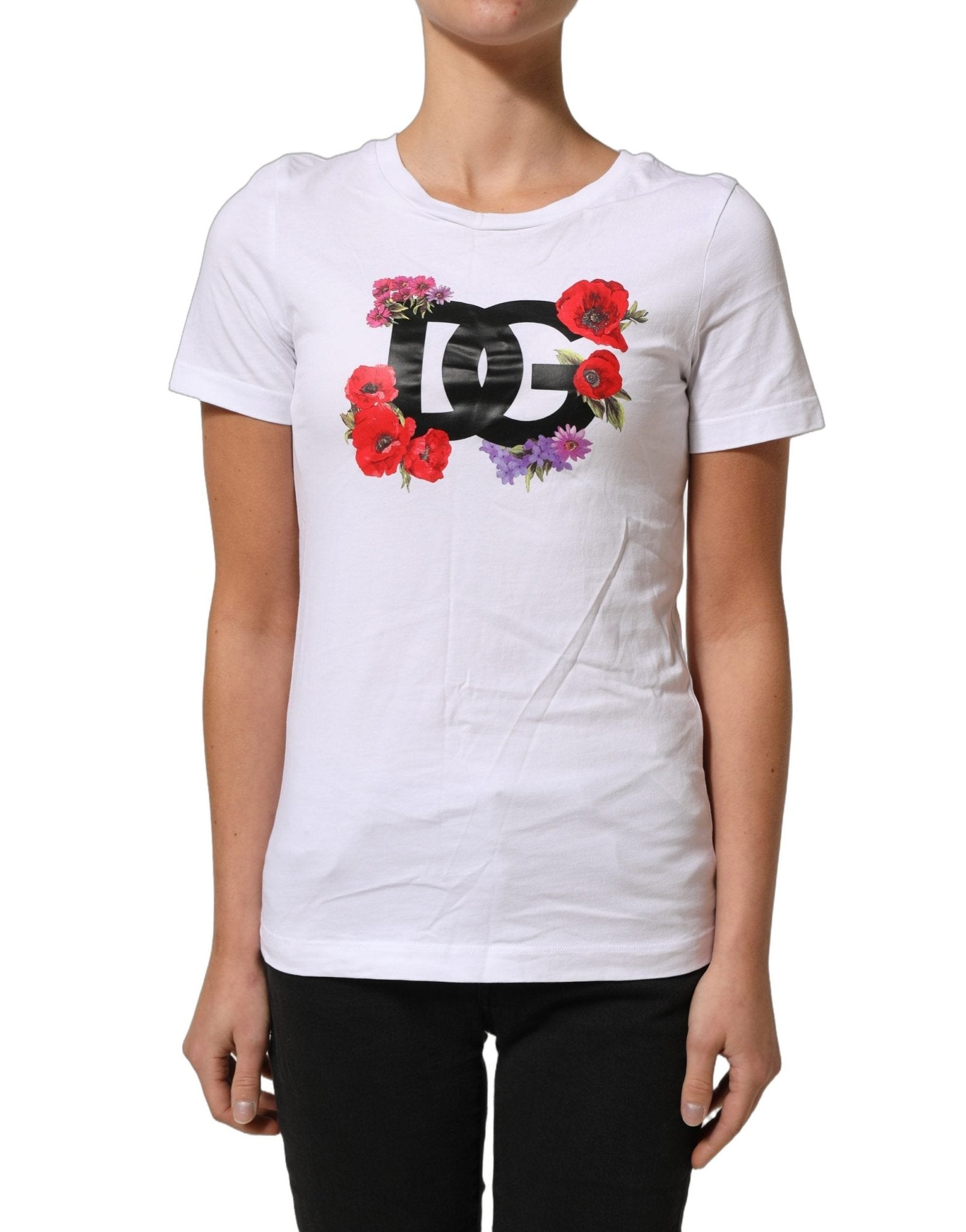 Dolce & Gabbana White Floral Logo Cotton Round Neck T-shirt - RIMODA
