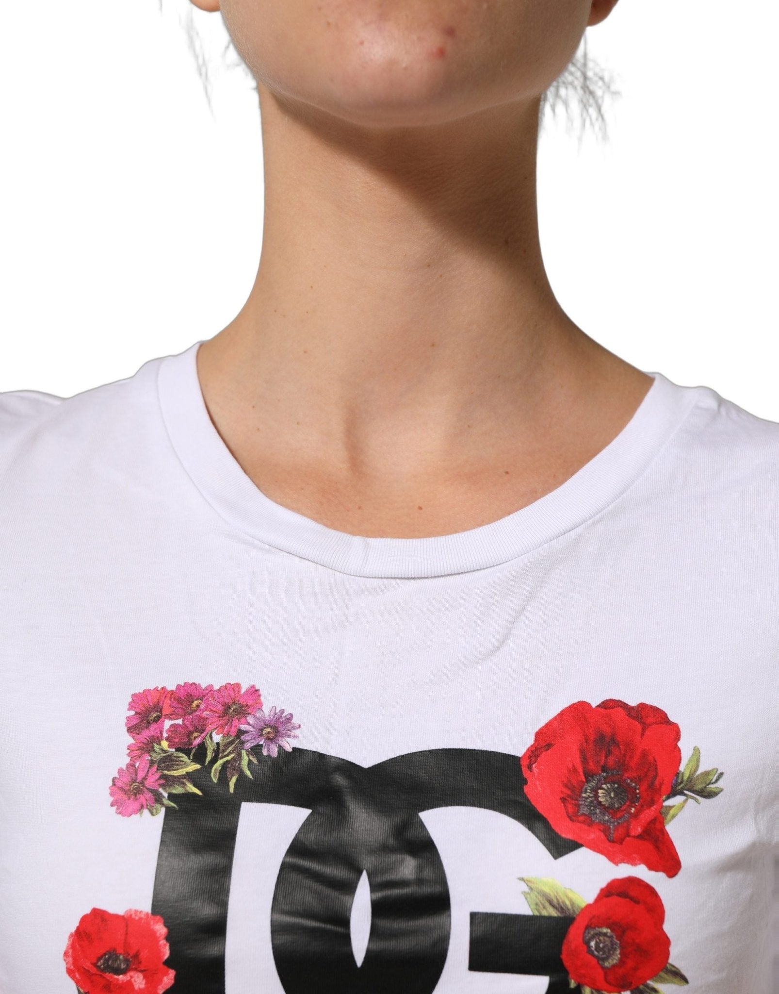 Dolce & Gabbana White Floral Logo Cotton Round Neck T-shirt - RIMODA
