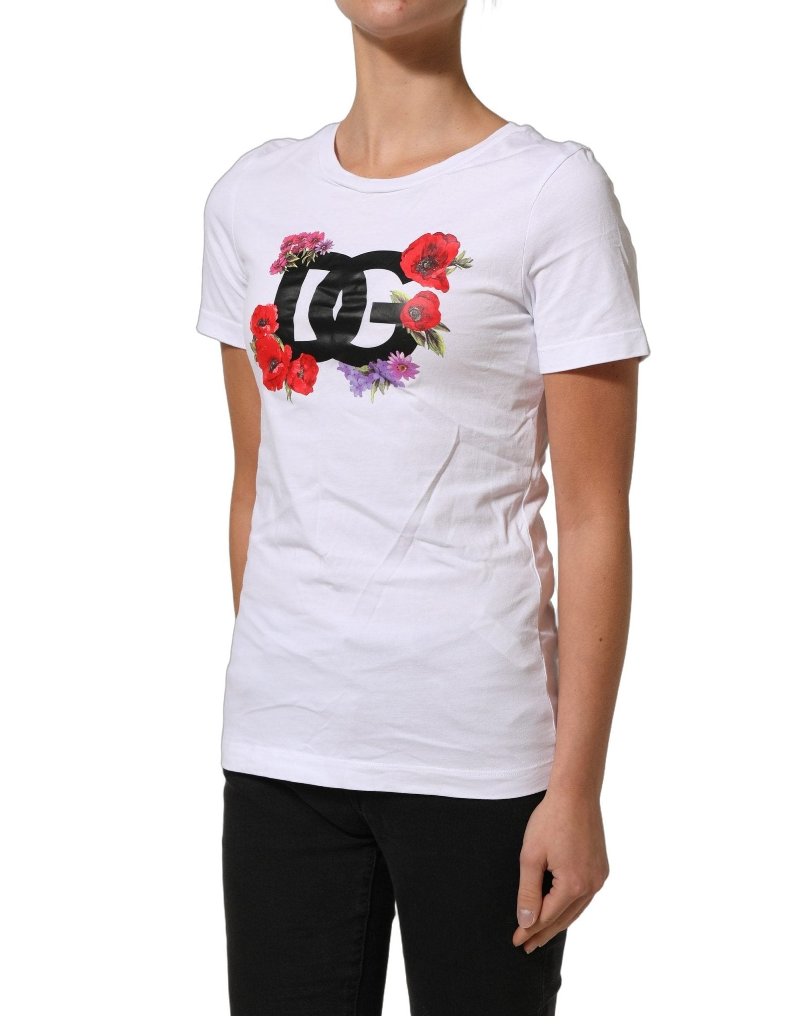 Dolce & Gabbana White Floral Logo Cotton Round Neck T-shirt - RIMODA