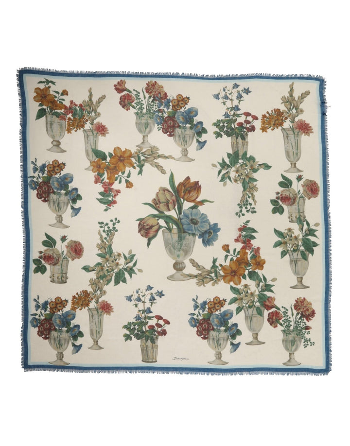 Dolce & Gabbana White Flower Vase Cashmere Stole Wrap 132cm x 128cm Scarf - RIMODA