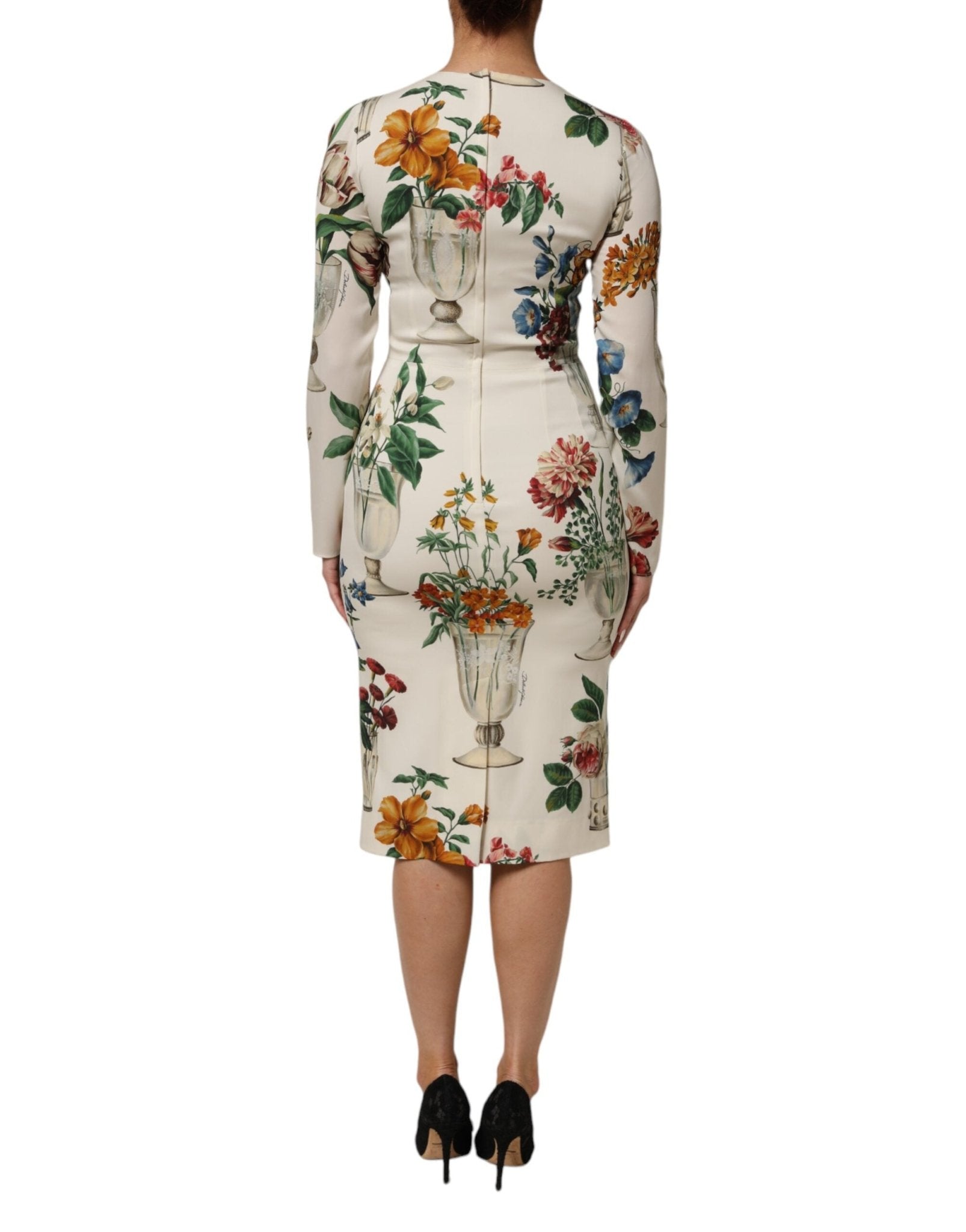 Dolce & Gabbana White Flower Vase Silk Sheath Midi Dress - RIMODA