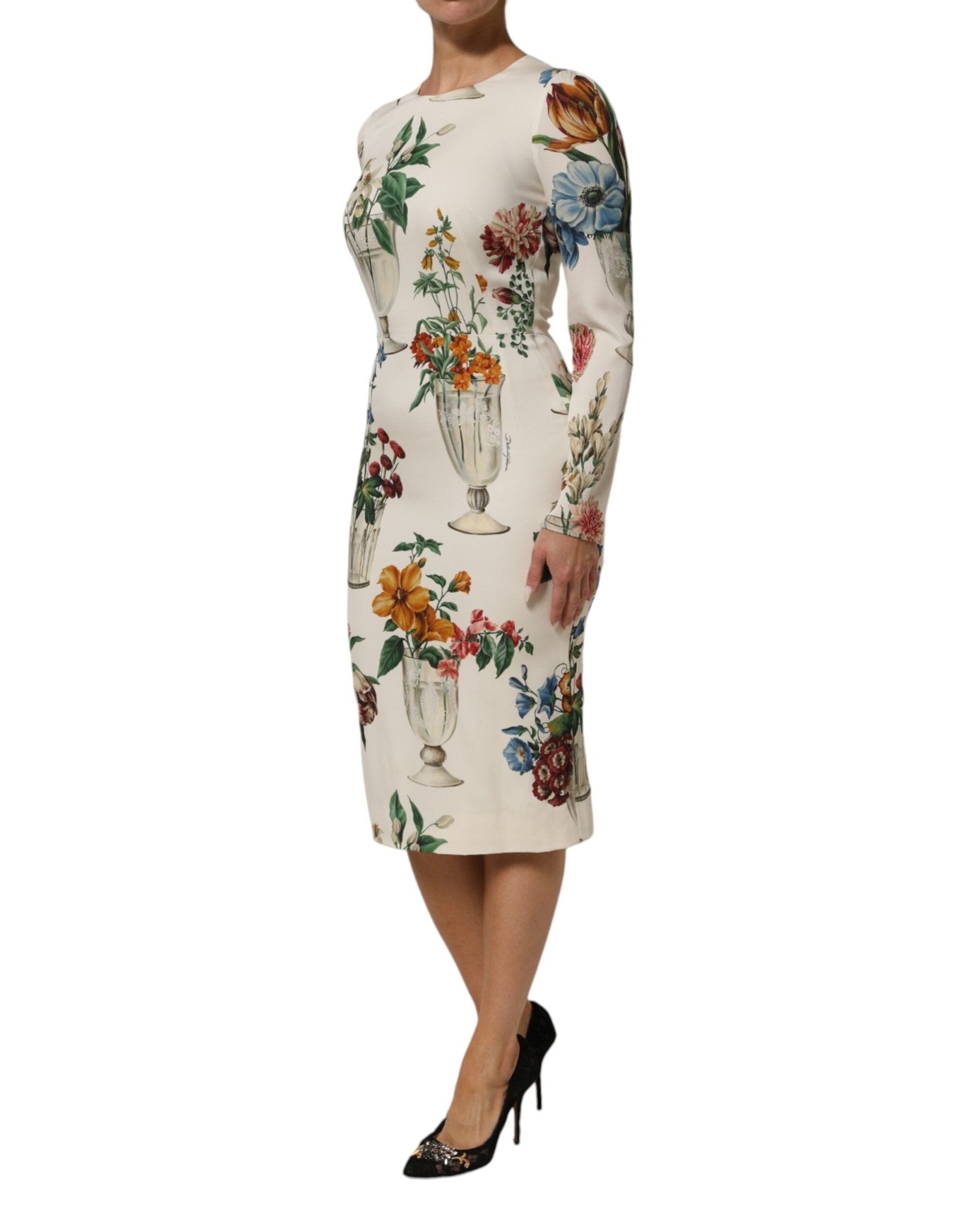 Dolce & Gabbana White Flower Vase Silk Sheath Midi Dress - RIMODA
