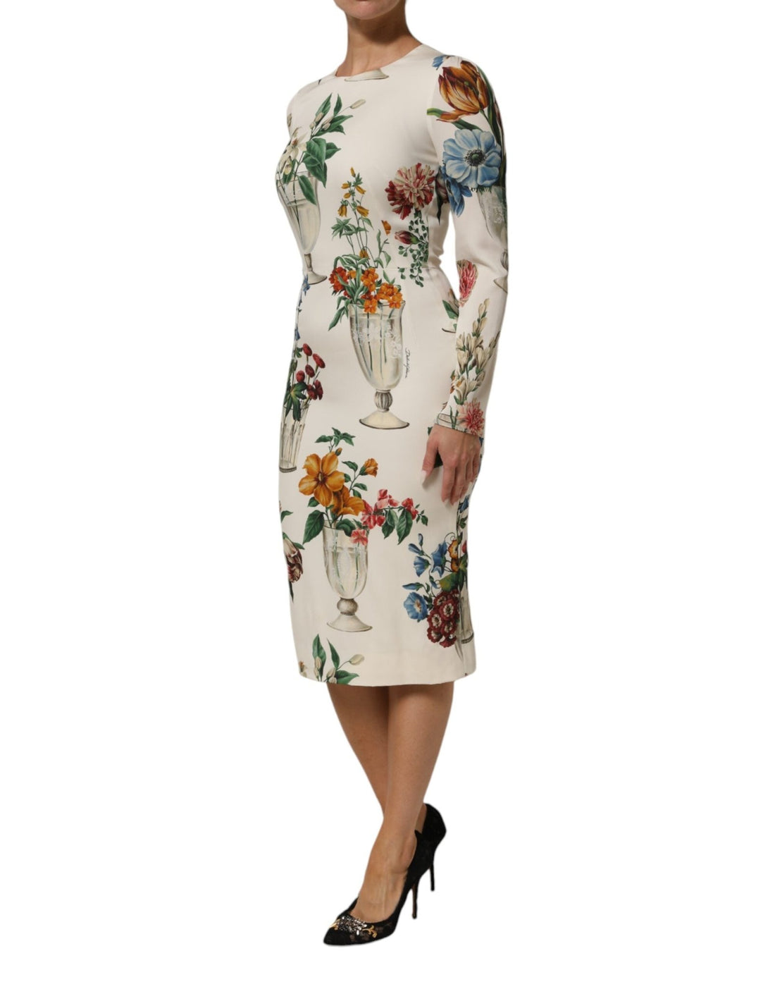 Dolce & Gabbana White Flower Vase Silk Sheath Midi Dress - RIMODA