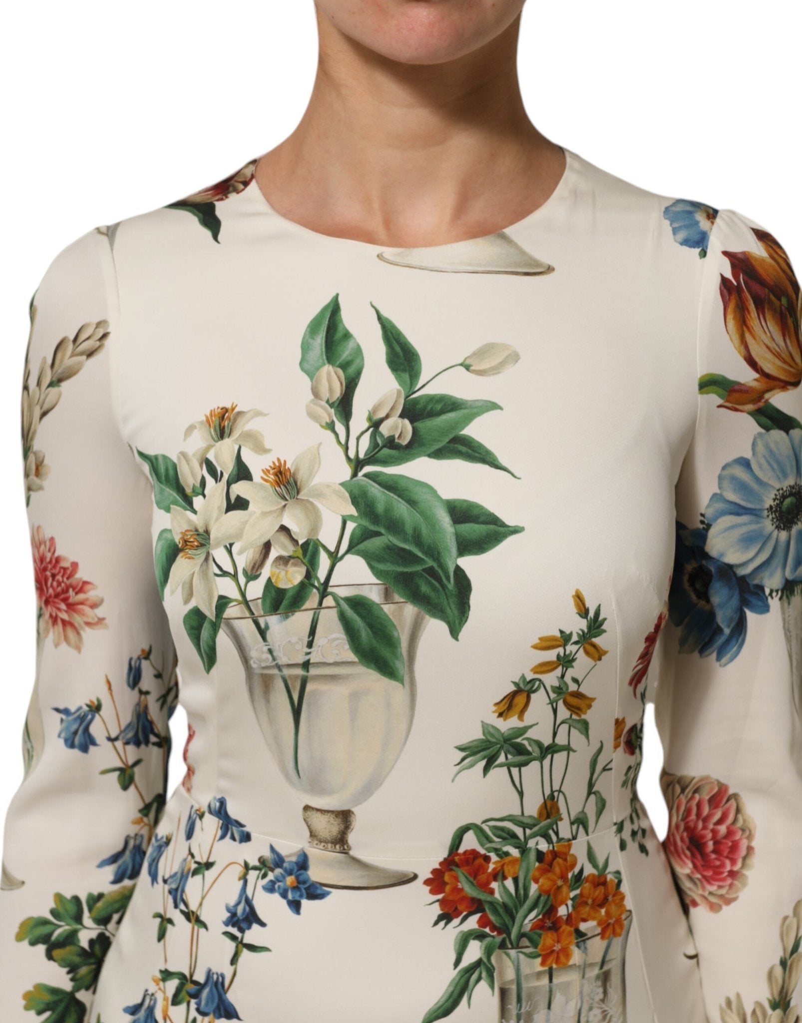 Dolce & Gabbana White Flower Vase Silk Sheath Midi Dress - RIMODA