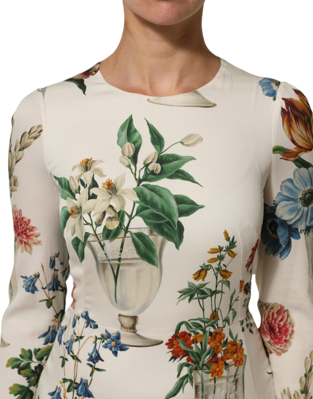 Dolce & Gabbana White Flower Vase Silk Sheath Midi Dress - RIMODA