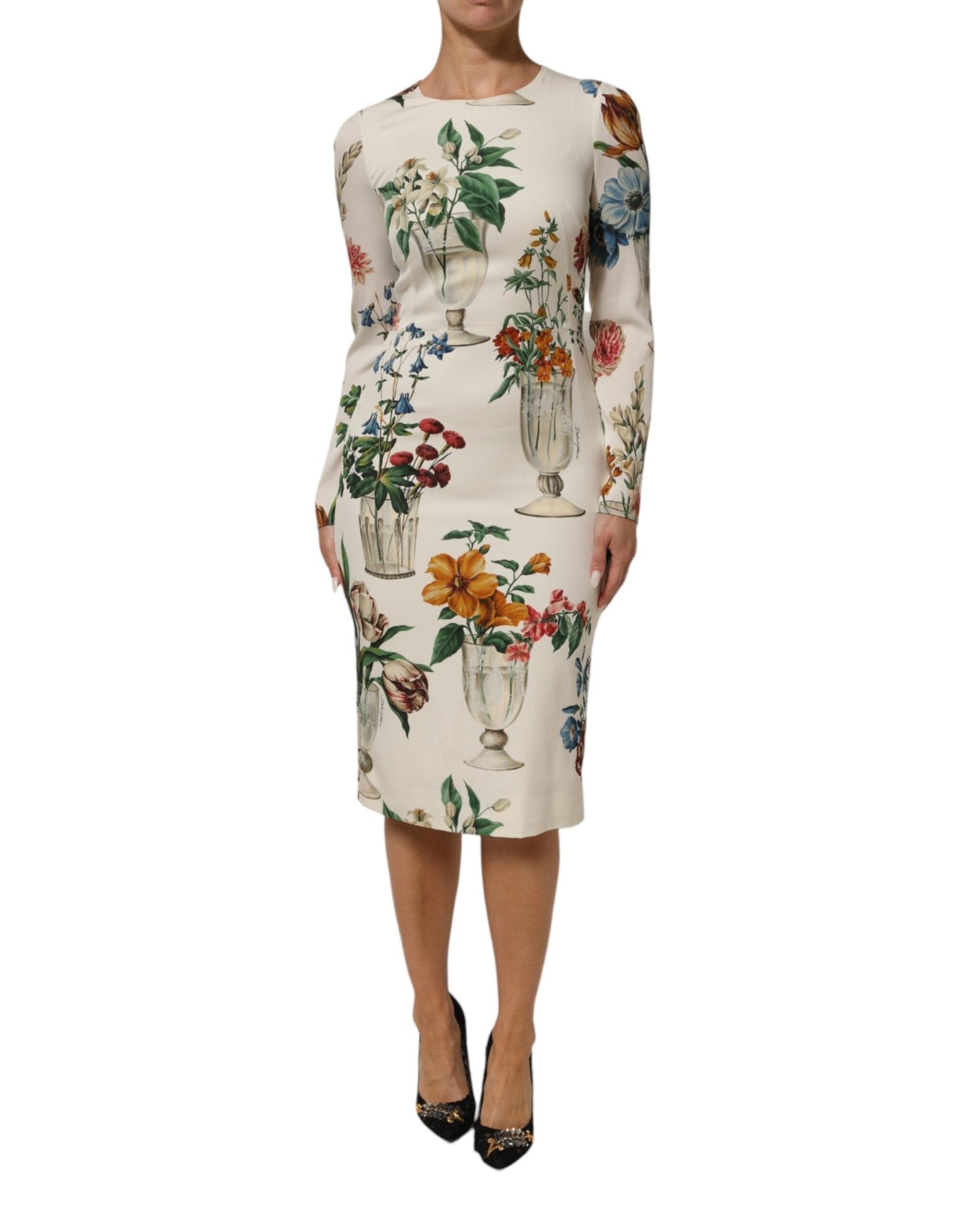 Dolce & Gabbana White Flower Vase Silk Sheath Midi Dress - RIMODA