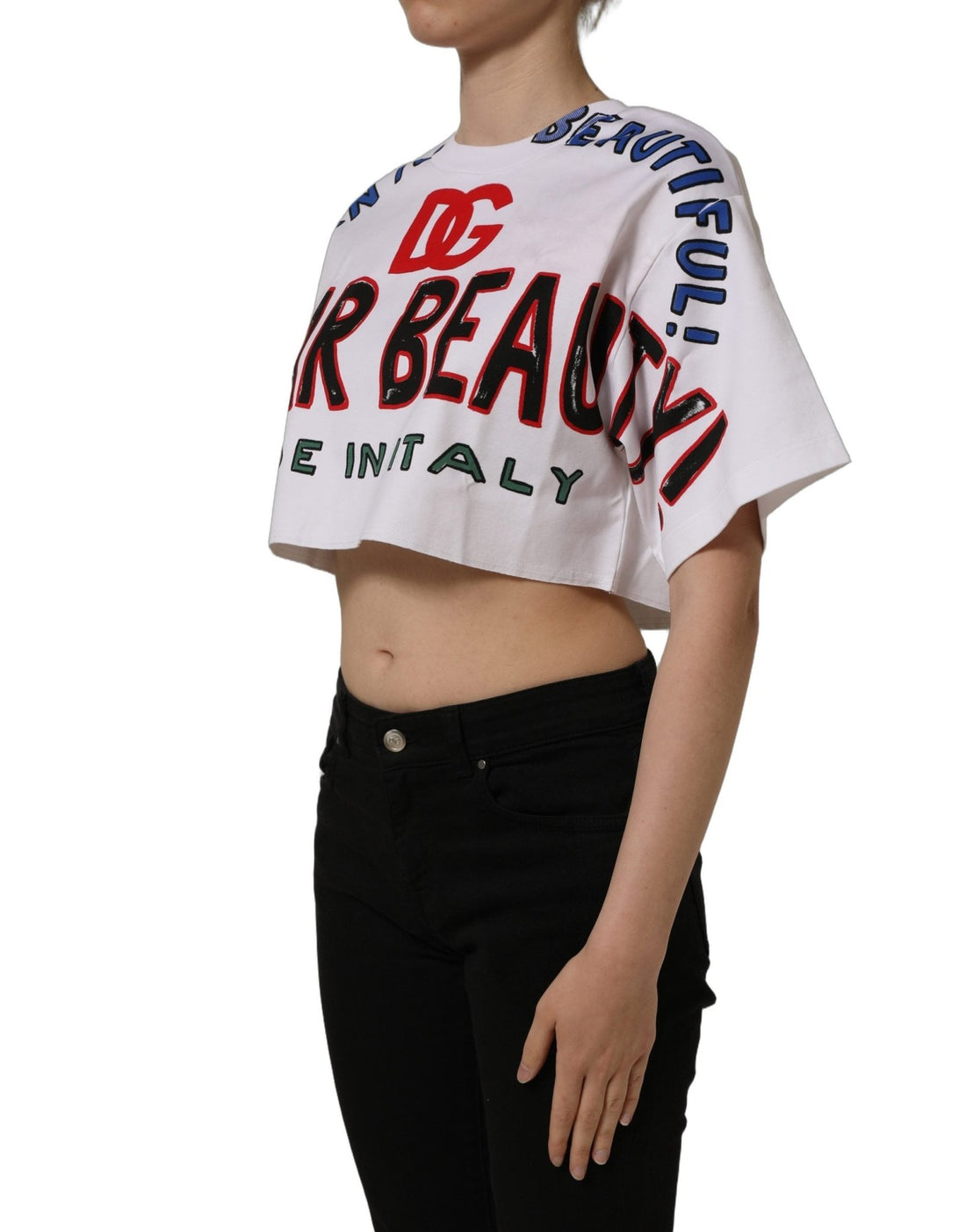 Dolce & Gabbana White Graphic Cotton Jersey Cropped T-shirt - RIMODA