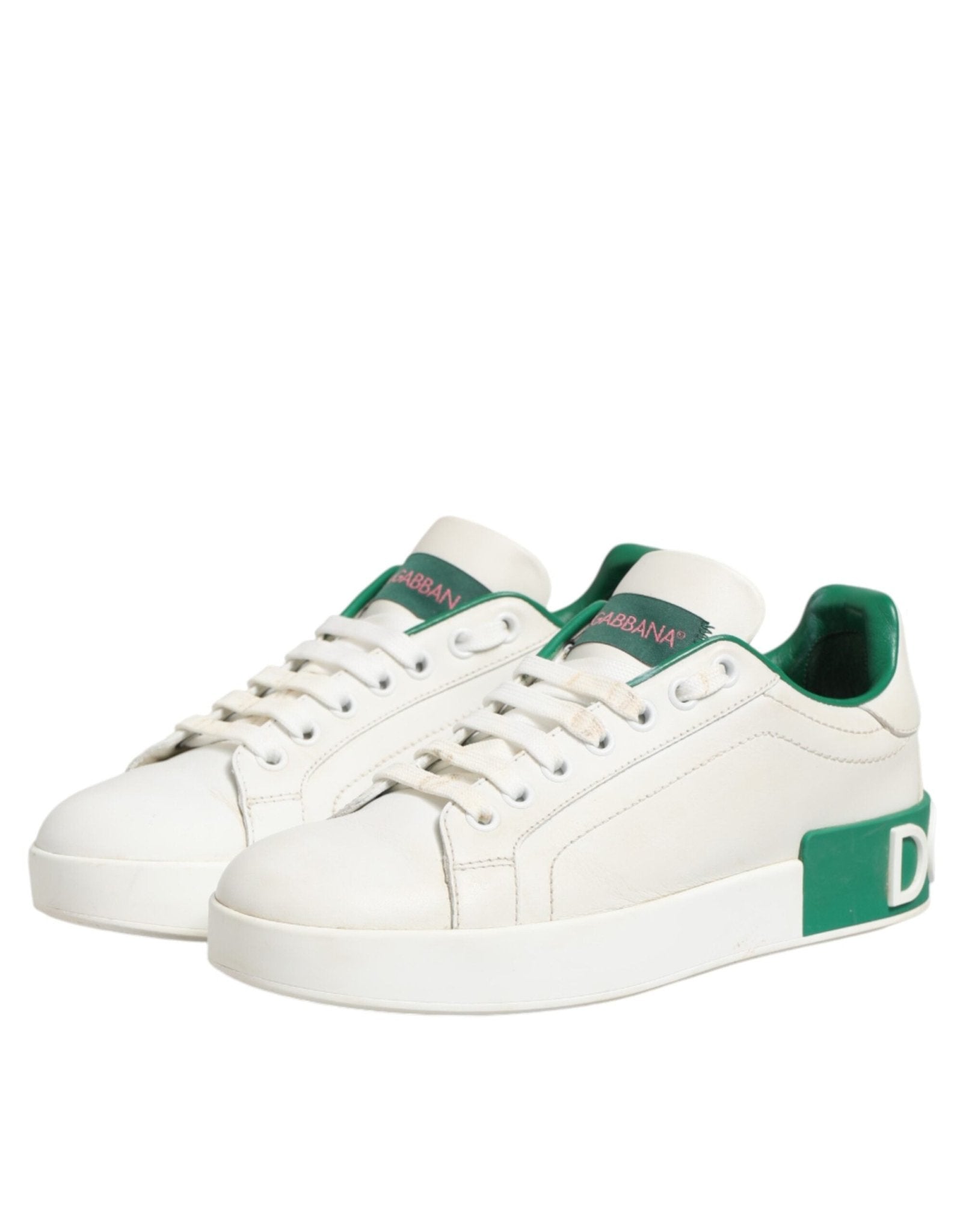 Dolce & Gabbana White Green Leather Low Top Sneakers Shoes - RIMODA