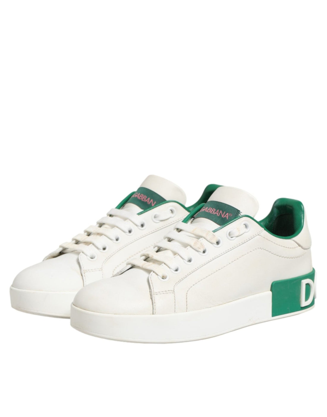 Dolce & Gabbana White Green Leather Low Top Sneakers Shoes - RIMODA
