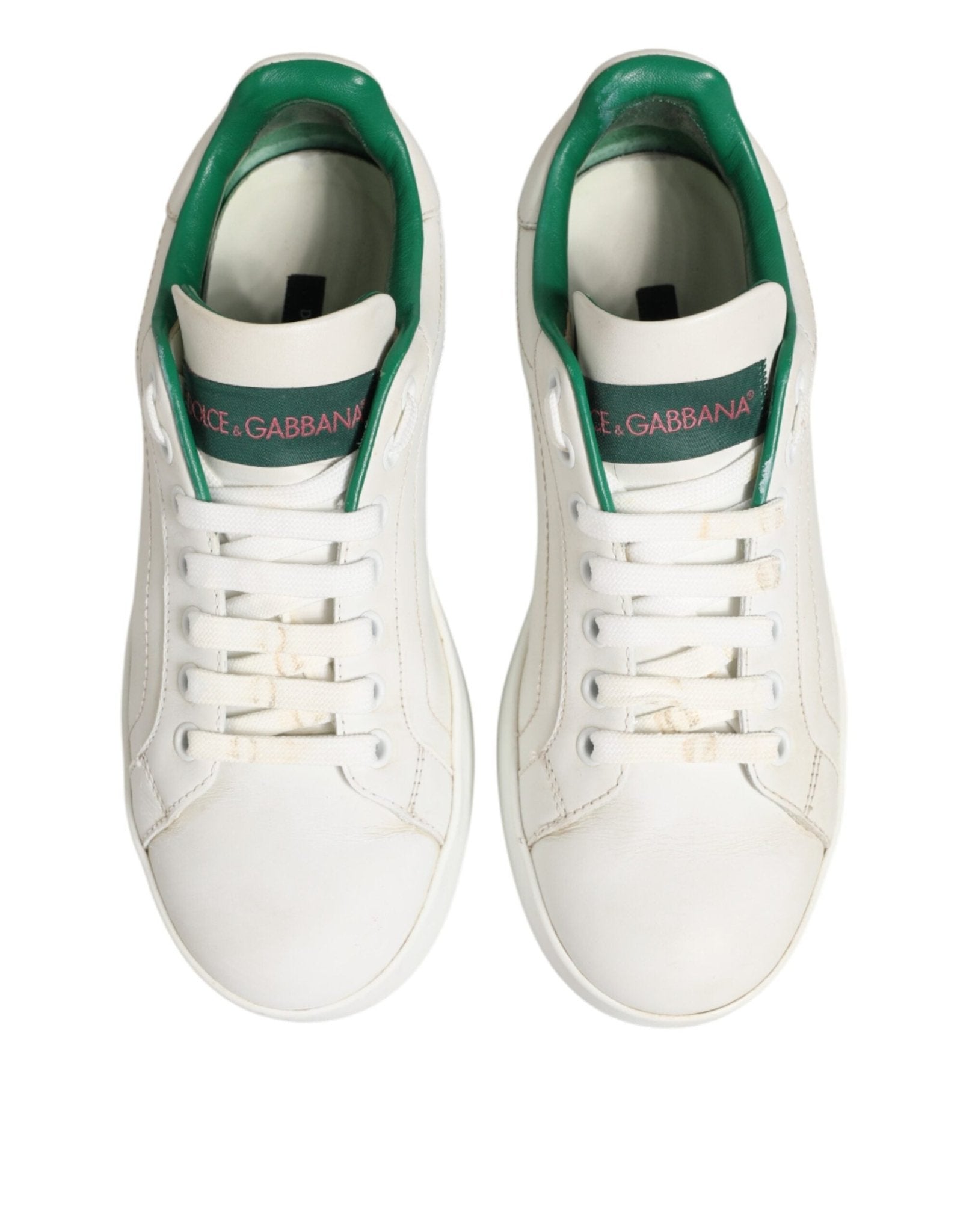 Dolce & Gabbana White Green Leather Low Top Sneakers Shoes - RIMODA