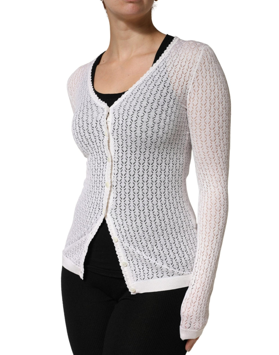 Dolce & Gabbana White Lace Silk Knit Long Sleeves Cardigan Top - RIMODA