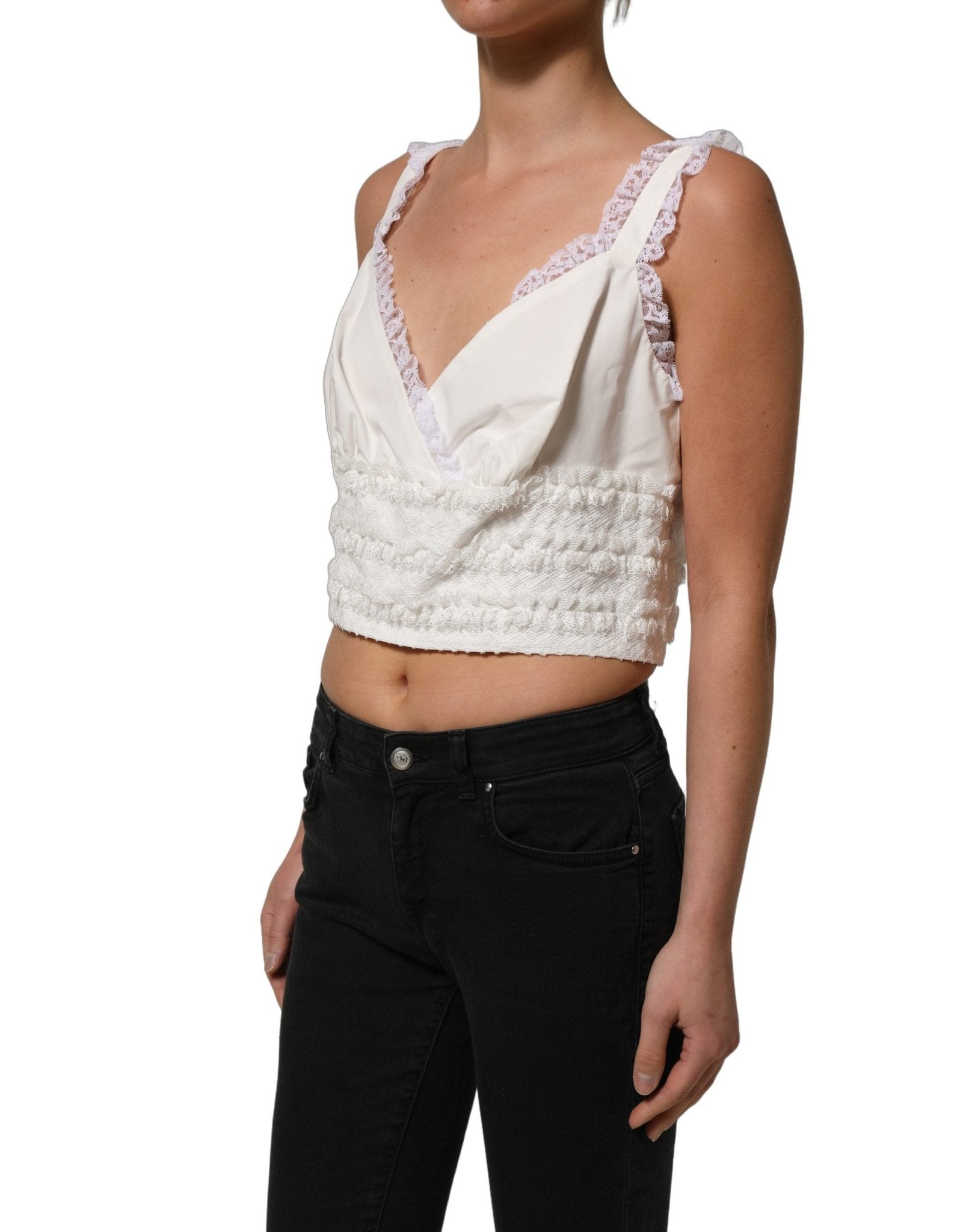 Dolce & Gabbana White Lace Trimmed Cotton Cropped Tank Top - RIMODA