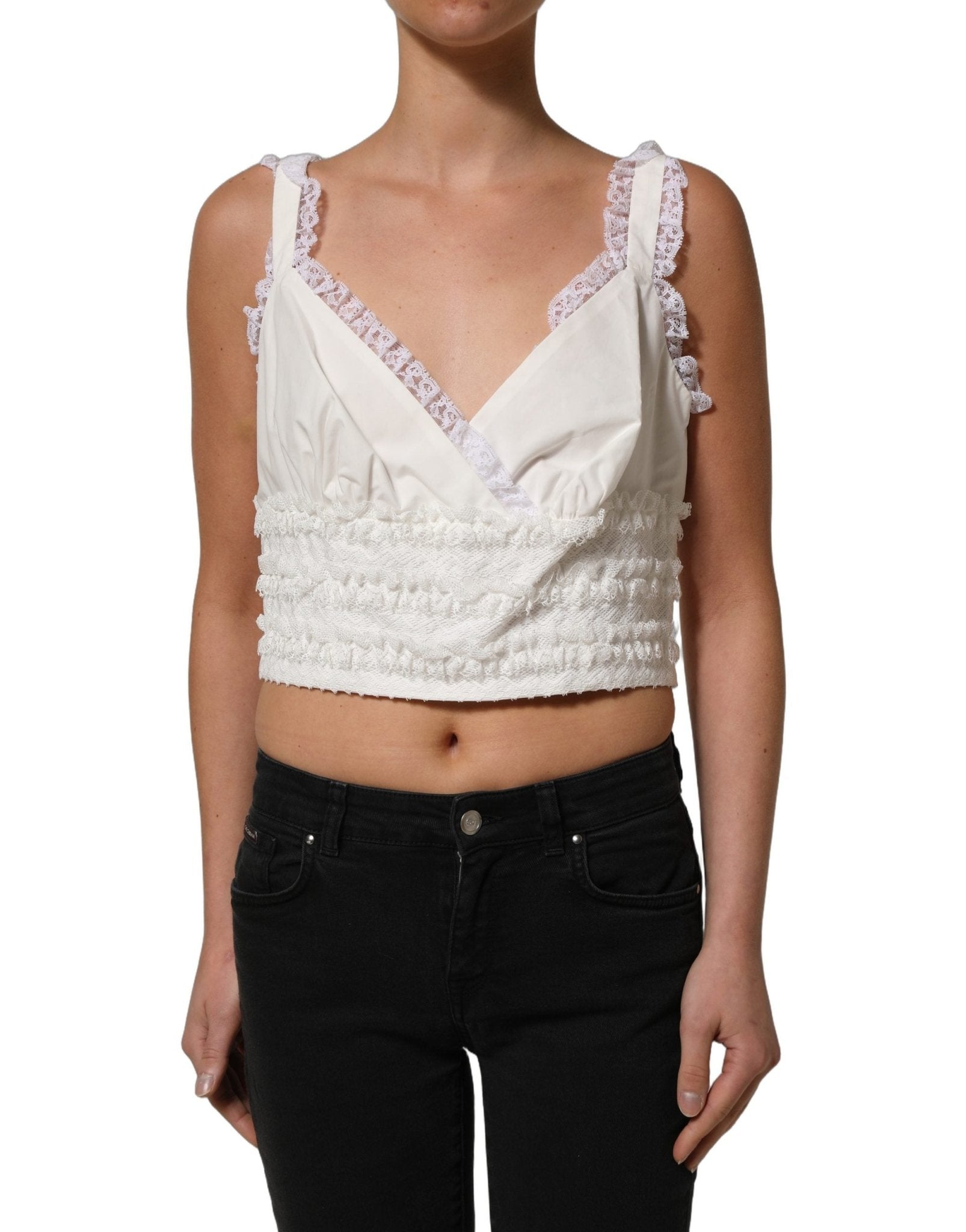 Dolce & Gabbana White Lace Trimmed Cotton Cropped Tank Top - RIMODA