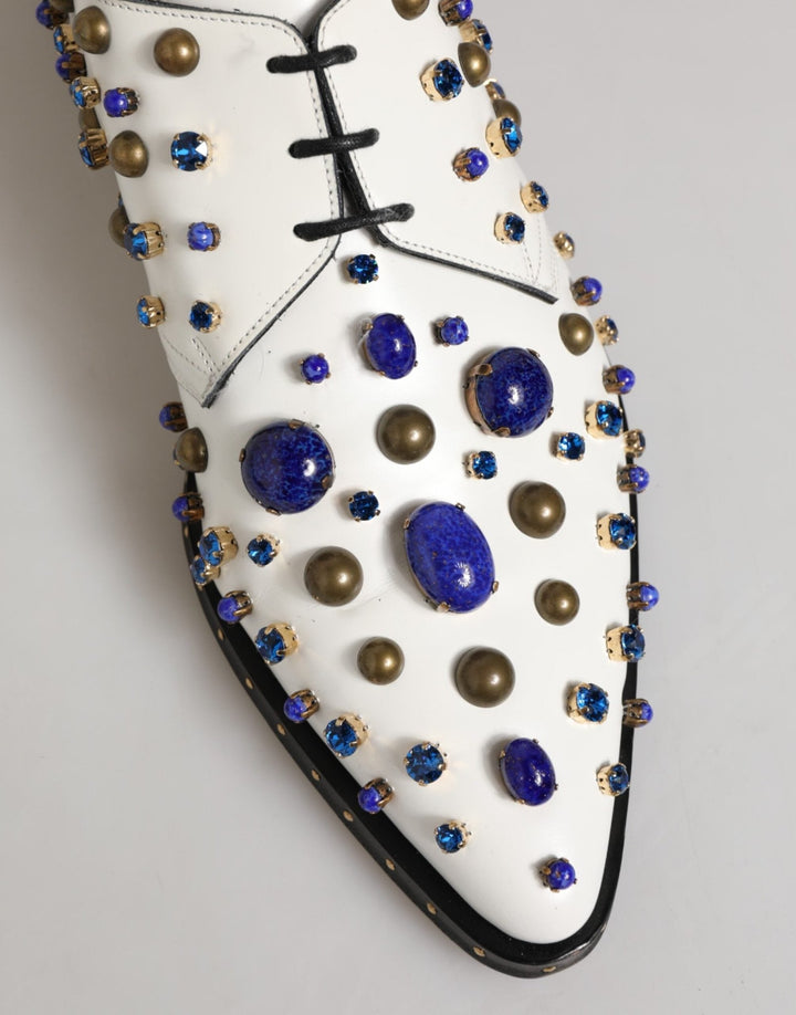Dolce & Gabbana White Leather Crystals Embellished Dress Shoes - RIMODA