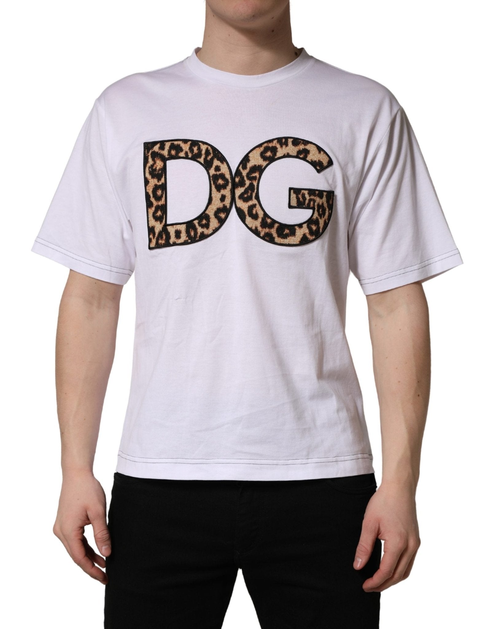 Dolce & Gabbana White Leopard Print DG Logo MenCotton T-shirt - RIMODA