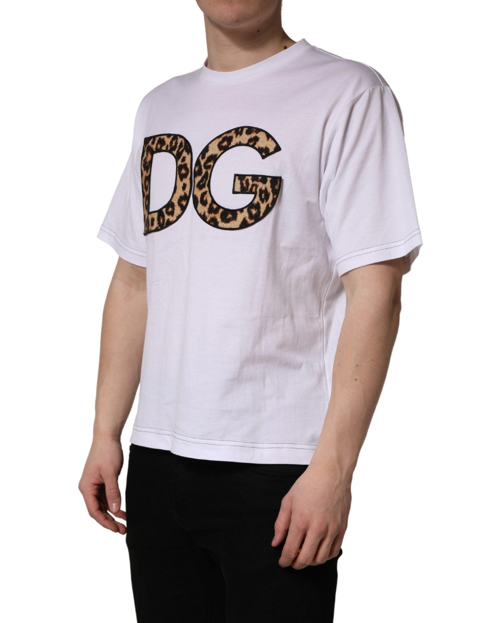 Dolce & Gabbana White Leopard Print DG Logo MenCotton T-shirt - RIMODA