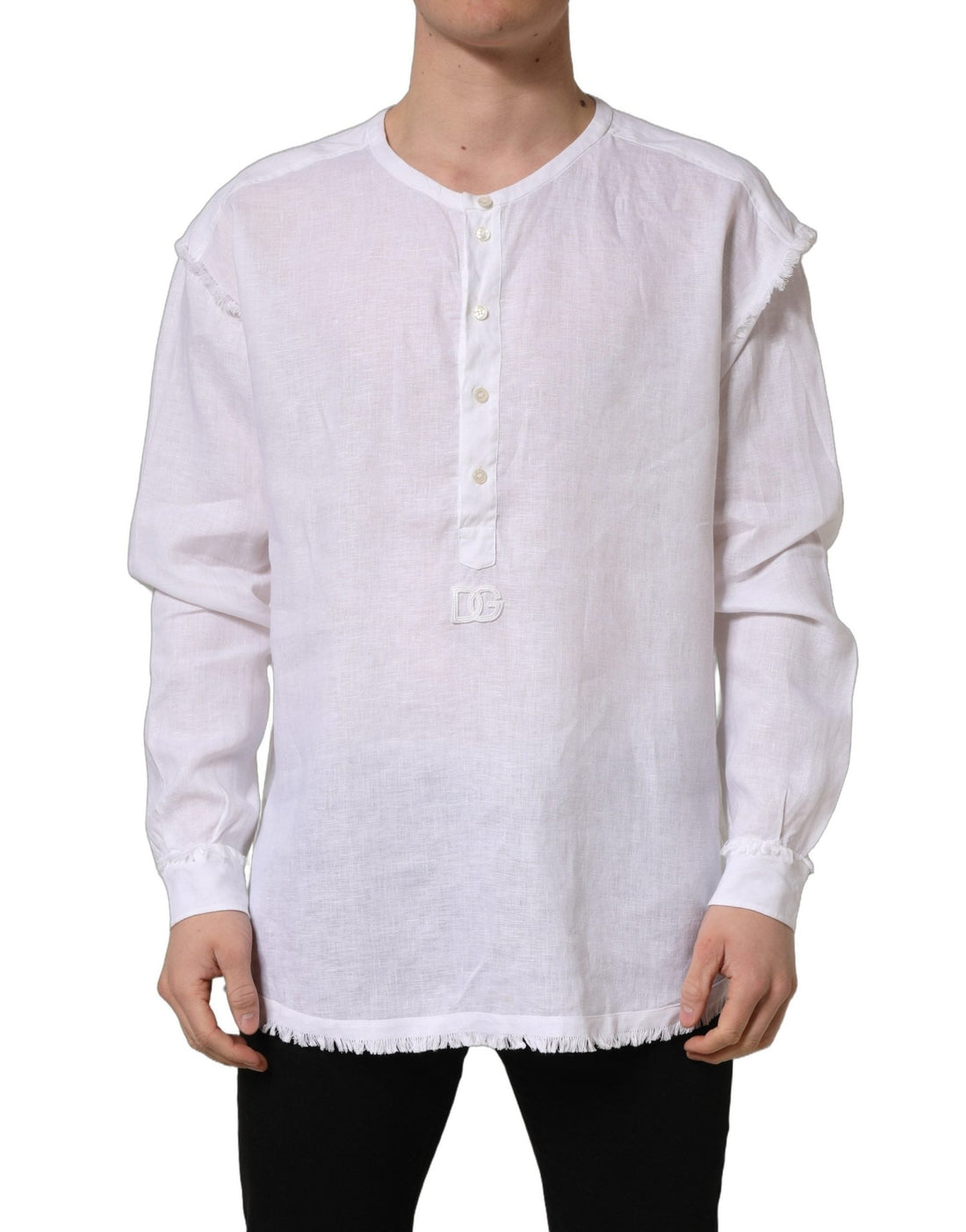 Dolce & Gabbana White Linen Logo Long Sleeves Casual Shirt - RIMODA
