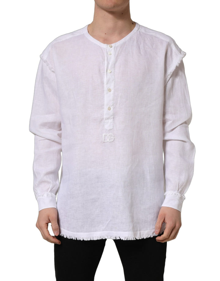 Dolce & Gabbana White Linen Logo Long Sleeves Casual Shirt - RIMODA