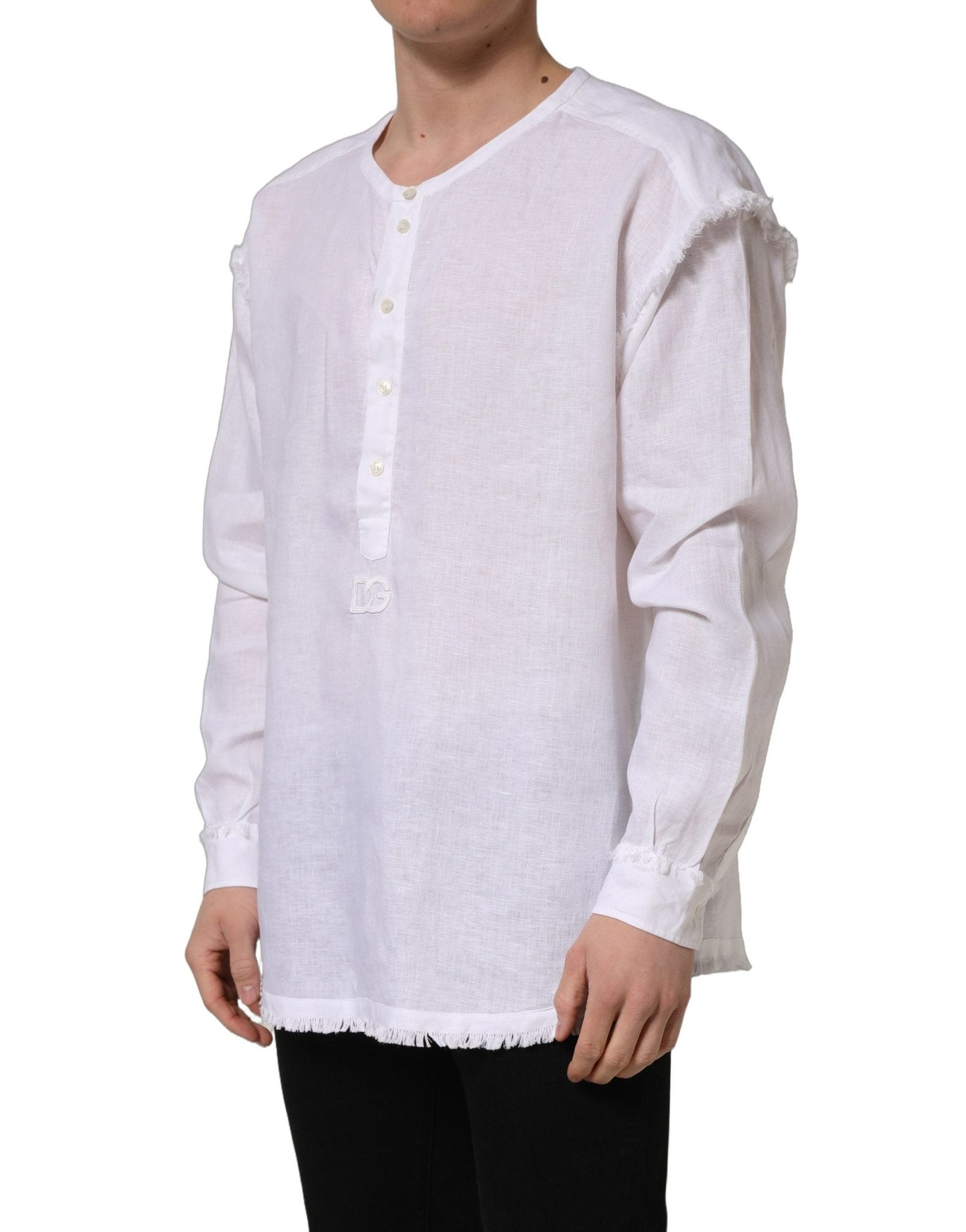 Dolce & Gabbana White Linen Logo Long Sleeves Casual Shirt - RIMODA