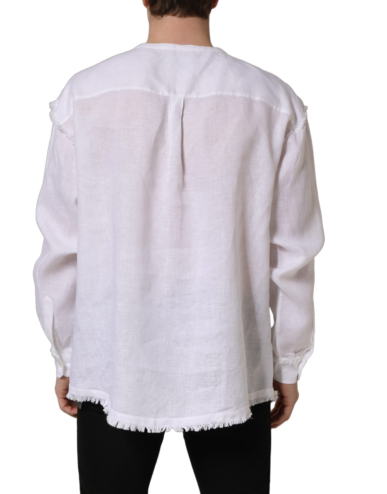 Dolce & Gabbana White Linen Logo Long Sleeves Casual Shirt - RIMODA