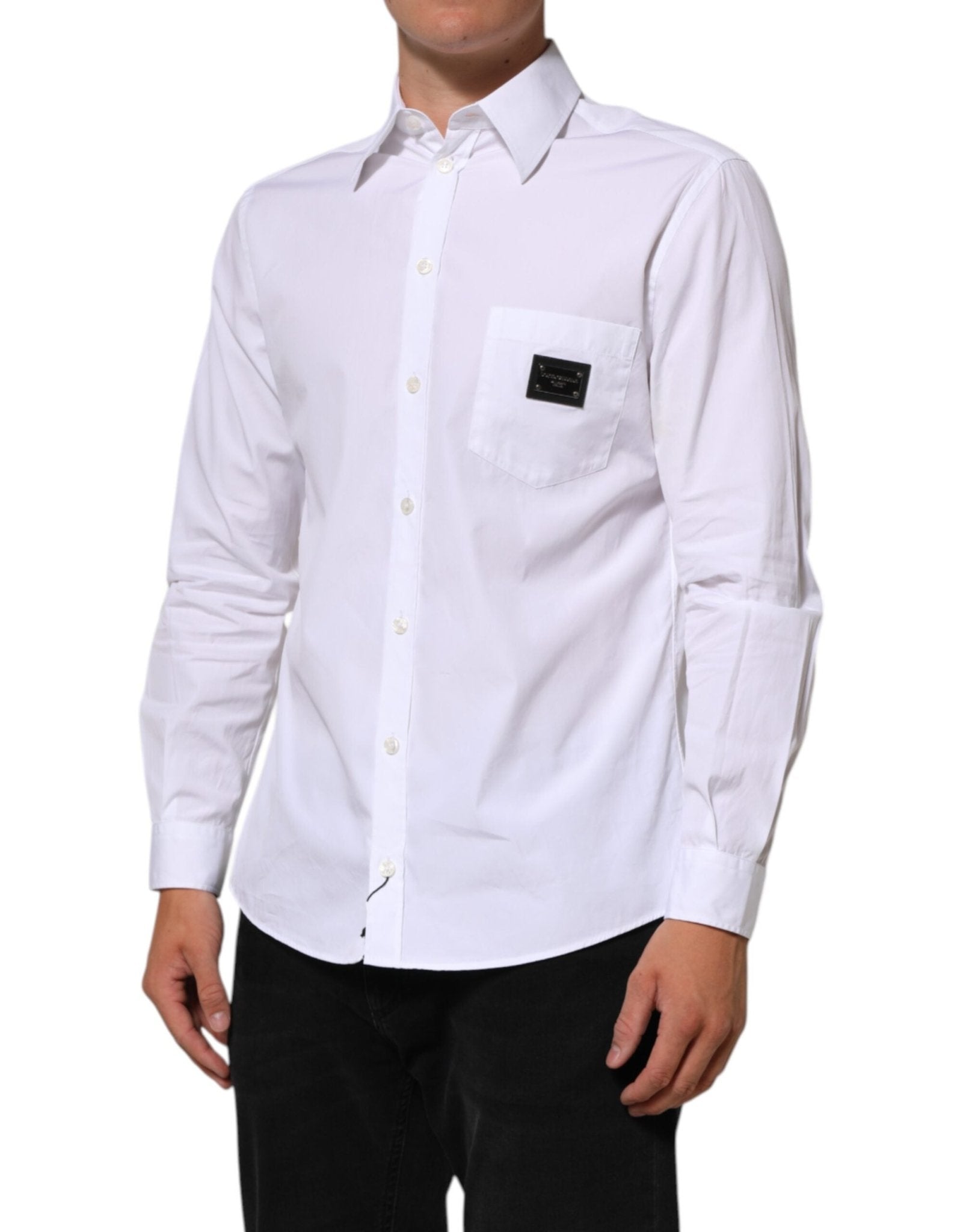 Dolce & Gabbana White Logo Plaque Collared Formal Dress Shirt - RIMODA
