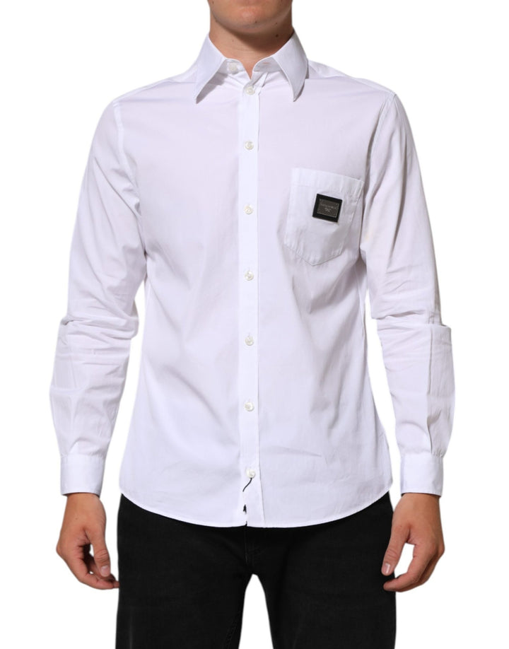 Dolce & Gabbana White Logo Plaque Collared Formal Dress Shirt - RIMODA