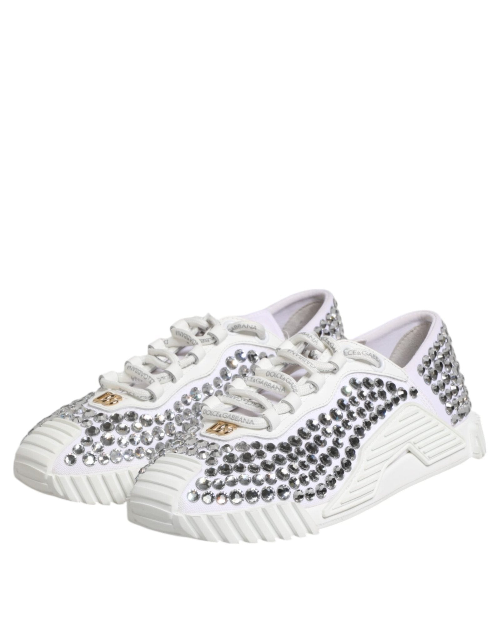 Dolce & Gabbana White NS1 Canvas Leather Embellished Sneakers Shoes - RIMODA