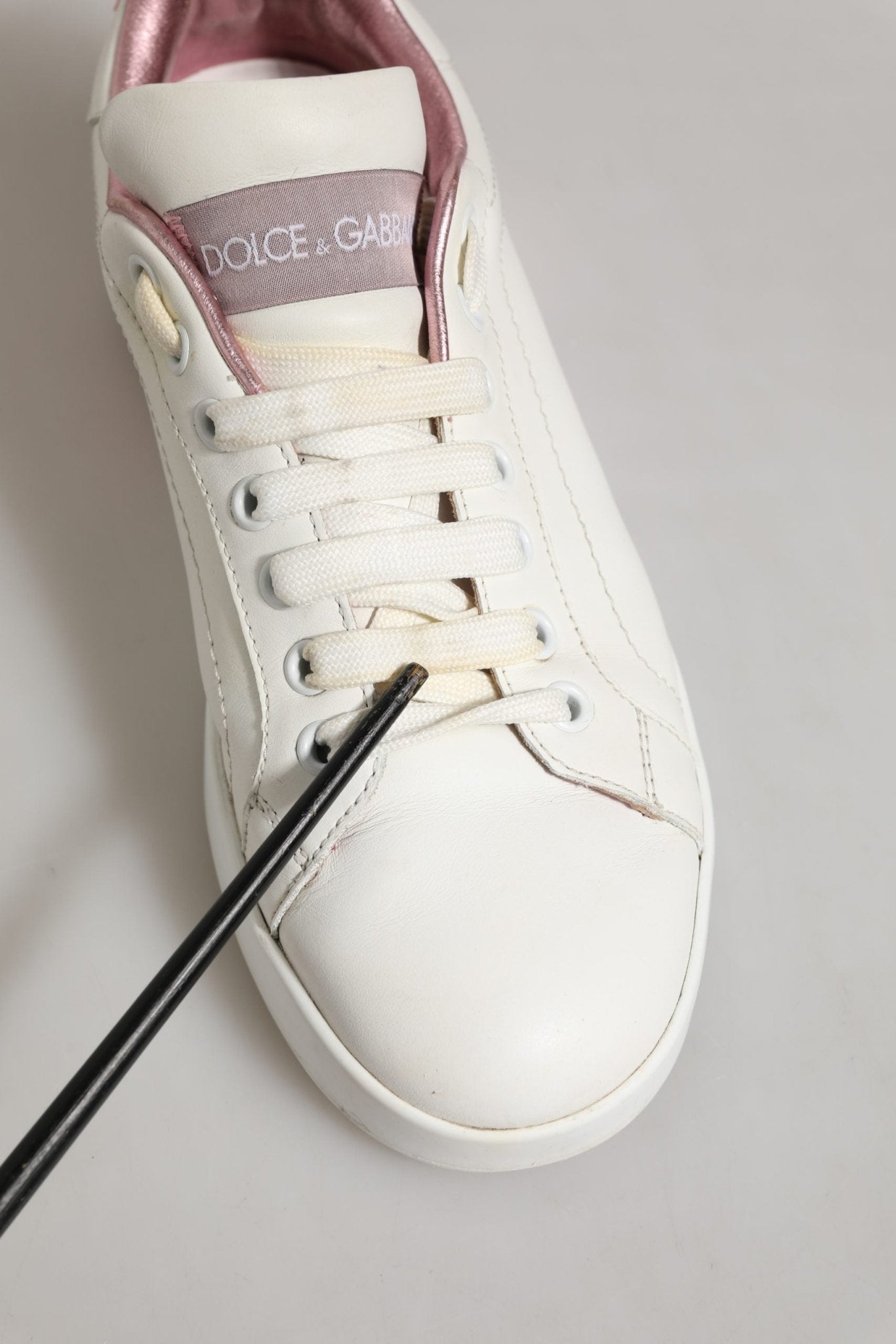 Dolce & Gabbana White Pink Leather Low Top Sneakers Shoes - RIMODA