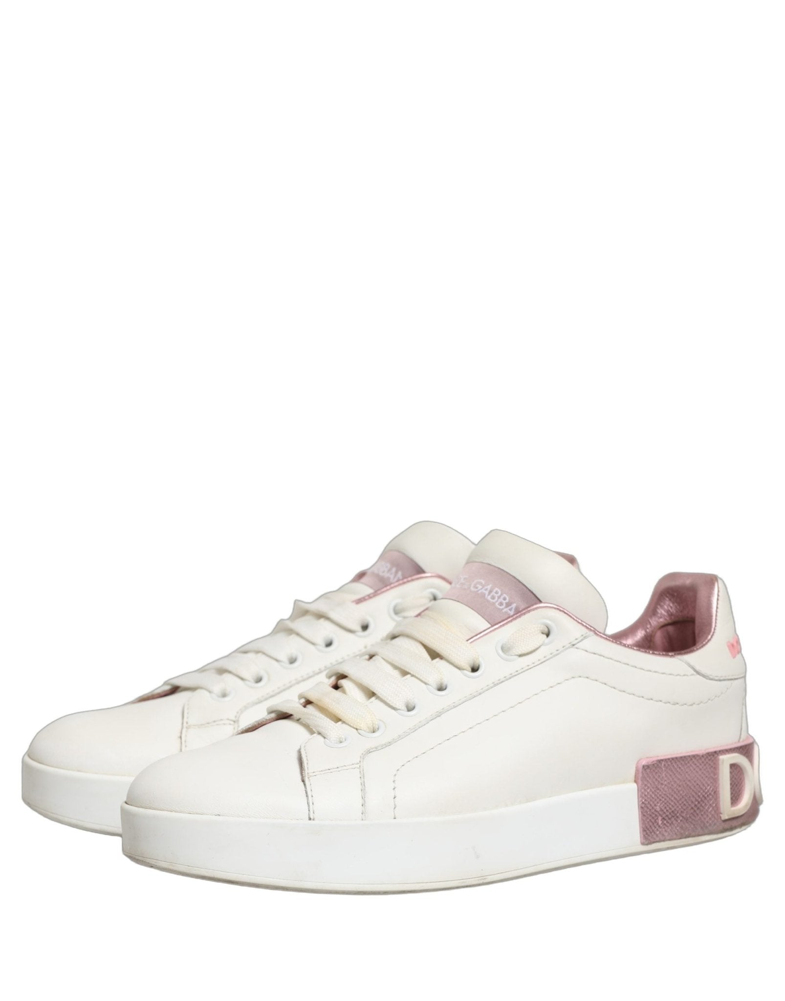 Dolce & Gabbana White Pink Leather Low Top Sneakers Shoes - RIMODA