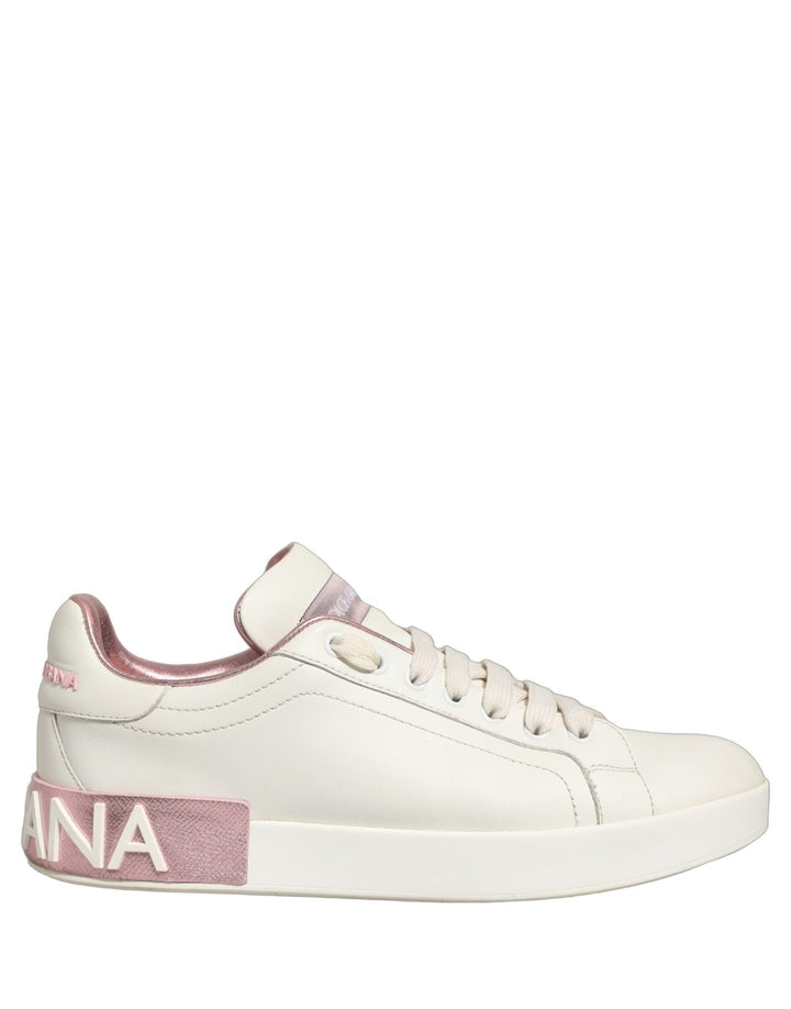 Dolce & Gabbana White Pink Leather Low Top Sneakers Shoes - RIMODA
