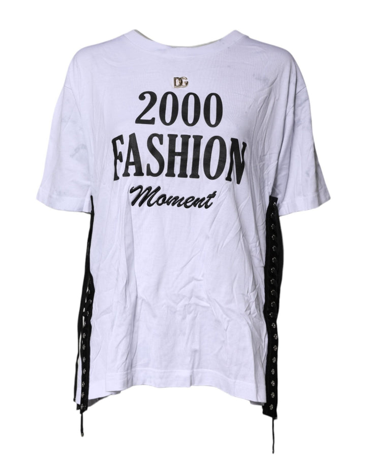 Dolce & Gabbana White Print Lace-Up Cotton Crew Neck T-shirt - RIMODA