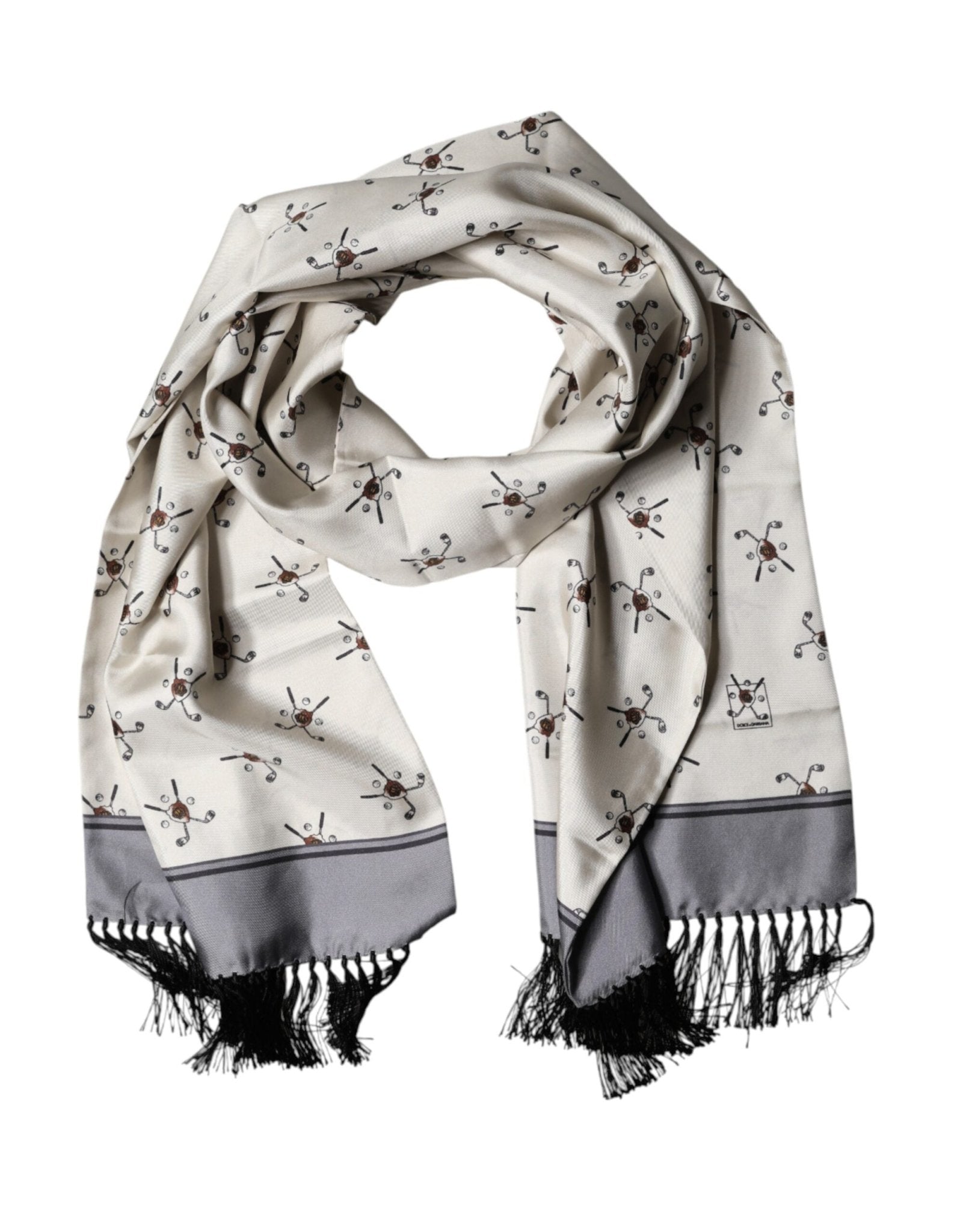 Dolce & Gabbana White Printed Fringes Wrap Foulard Men 183cm x 33cm Scarf - RIMODA