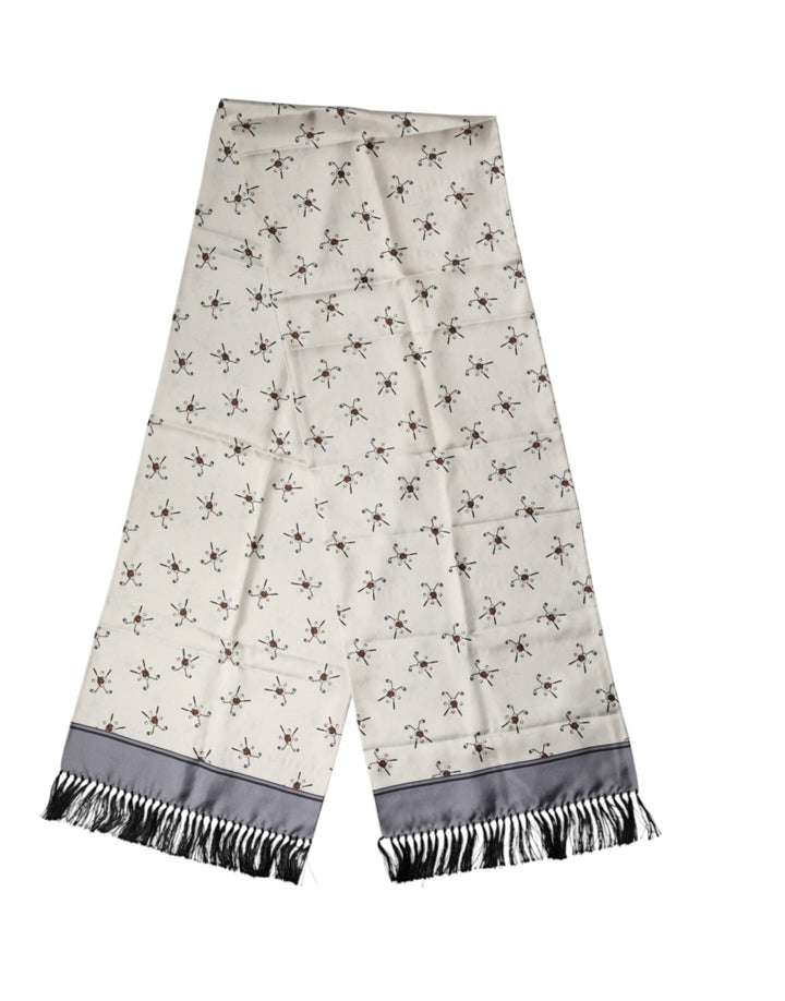 Dolce & Gabbana White Printed Fringes Wrap Foulard Men 183cm x 33cm Scarf - RIMODA