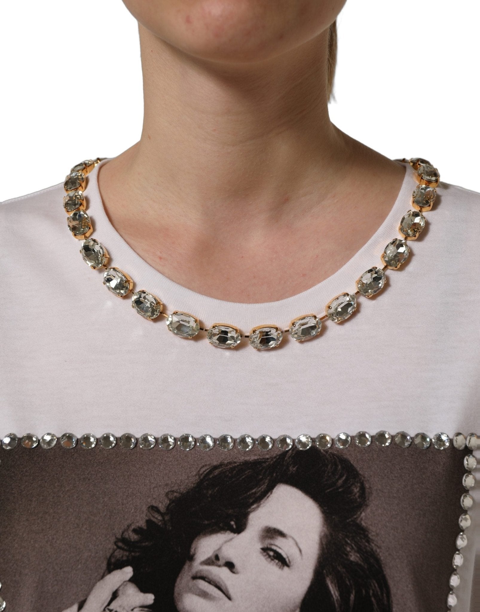 Dolce & Gabbana White Printed Jeweled Round Neck T-shirt - RIMODA