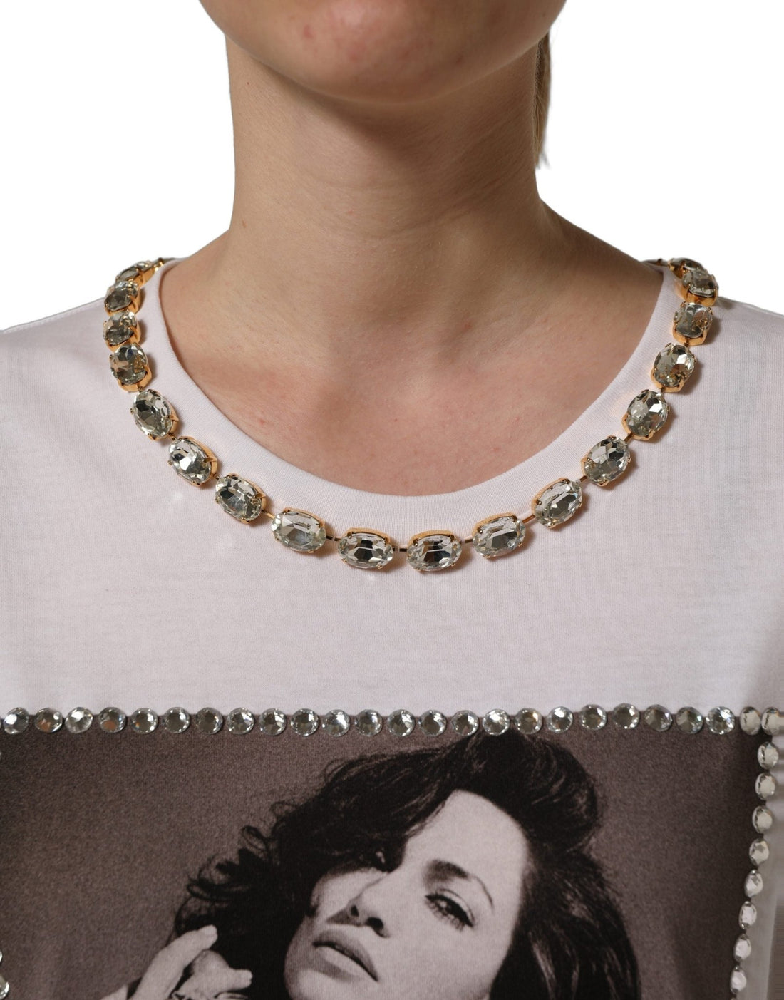 Dolce & Gabbana White Printed Jeweled Round Neck T-shirt - RIMODA