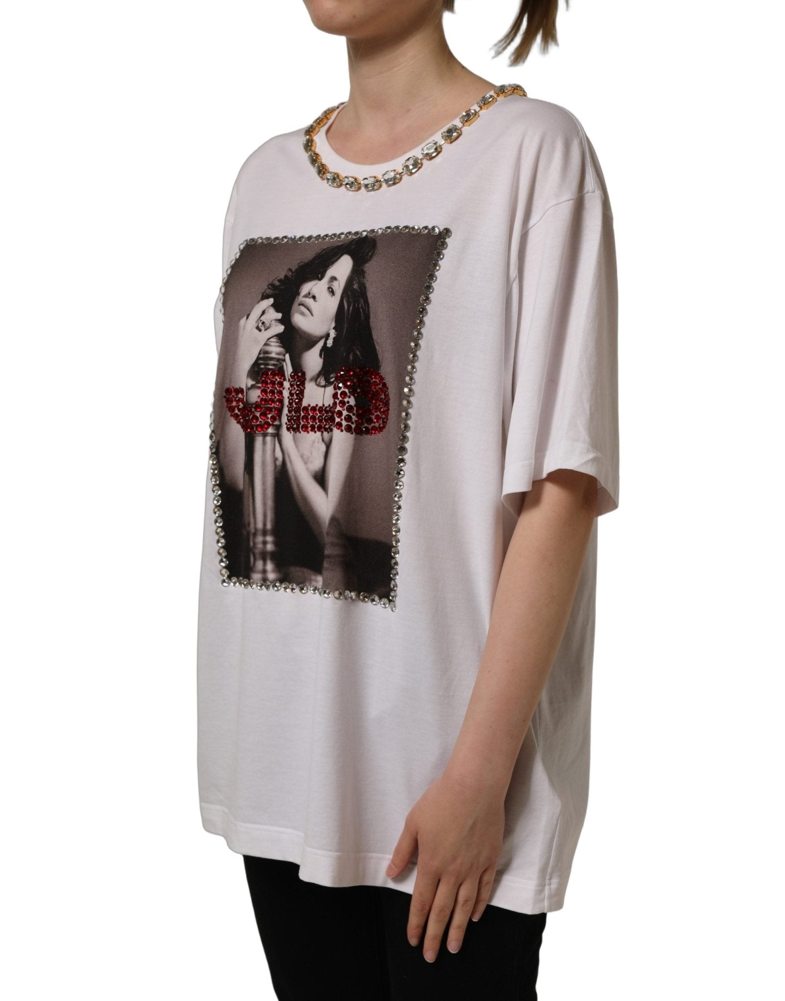 Dolce & Gabbana White Printed Jeweled Round Neck T-shirt - RIMODA