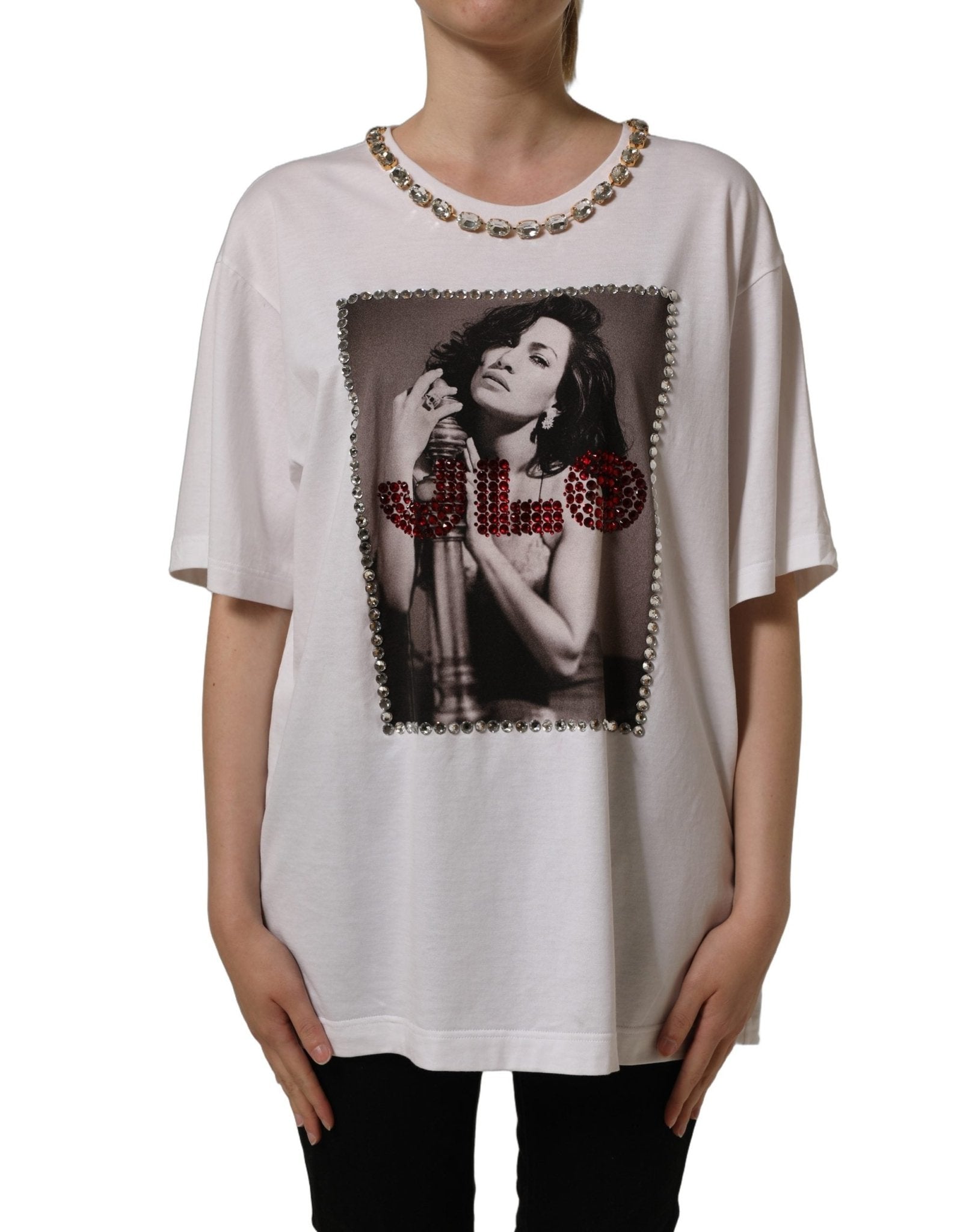 Dolce & Gabbana White Printed Jeweled Round Neck T-shirt - RIMODA