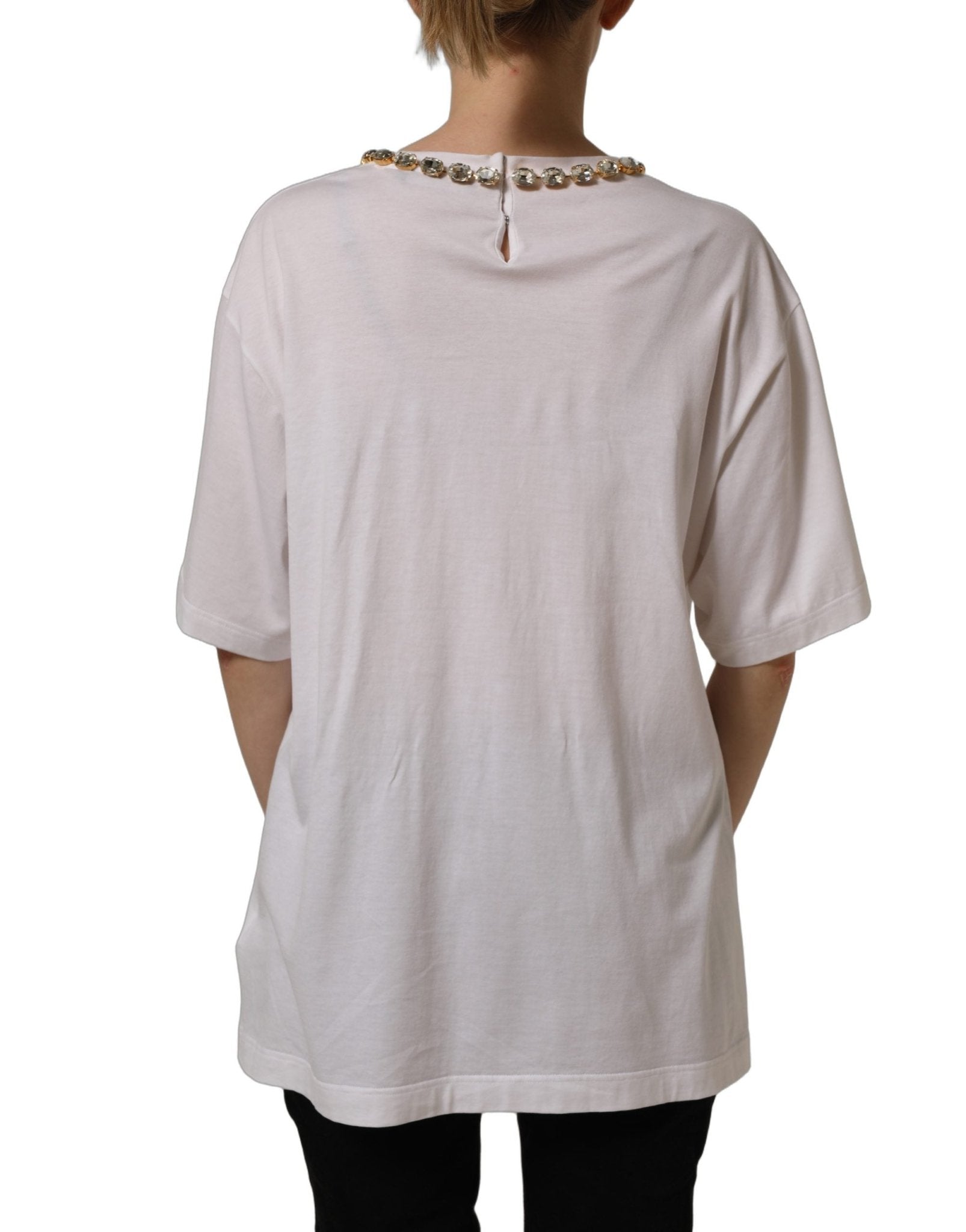 Dolce & Gabbana White Printed Jeweled Round Neck T-shirt - RIMODA