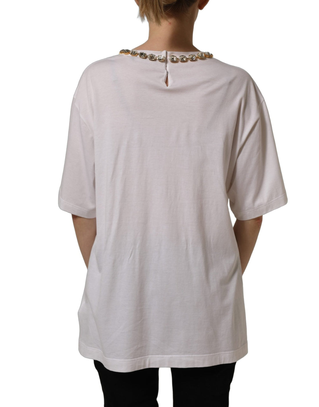 Dolce & Gabbana White Printed Jeweled Round Neck T-shirt - RIMODA