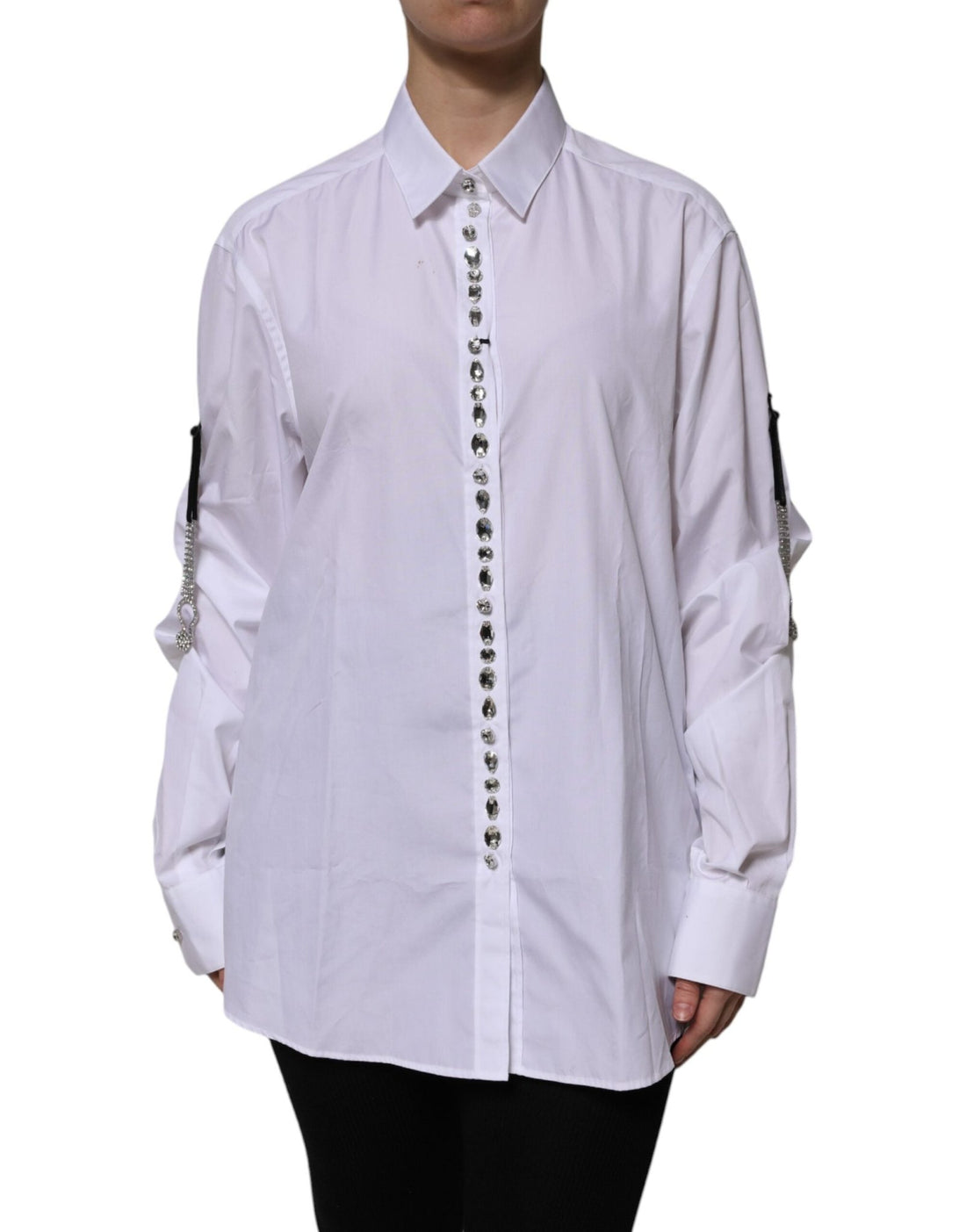 Dolce & Gabbana White Rhinestone Embellish Long Sleeves Top - RIMODA