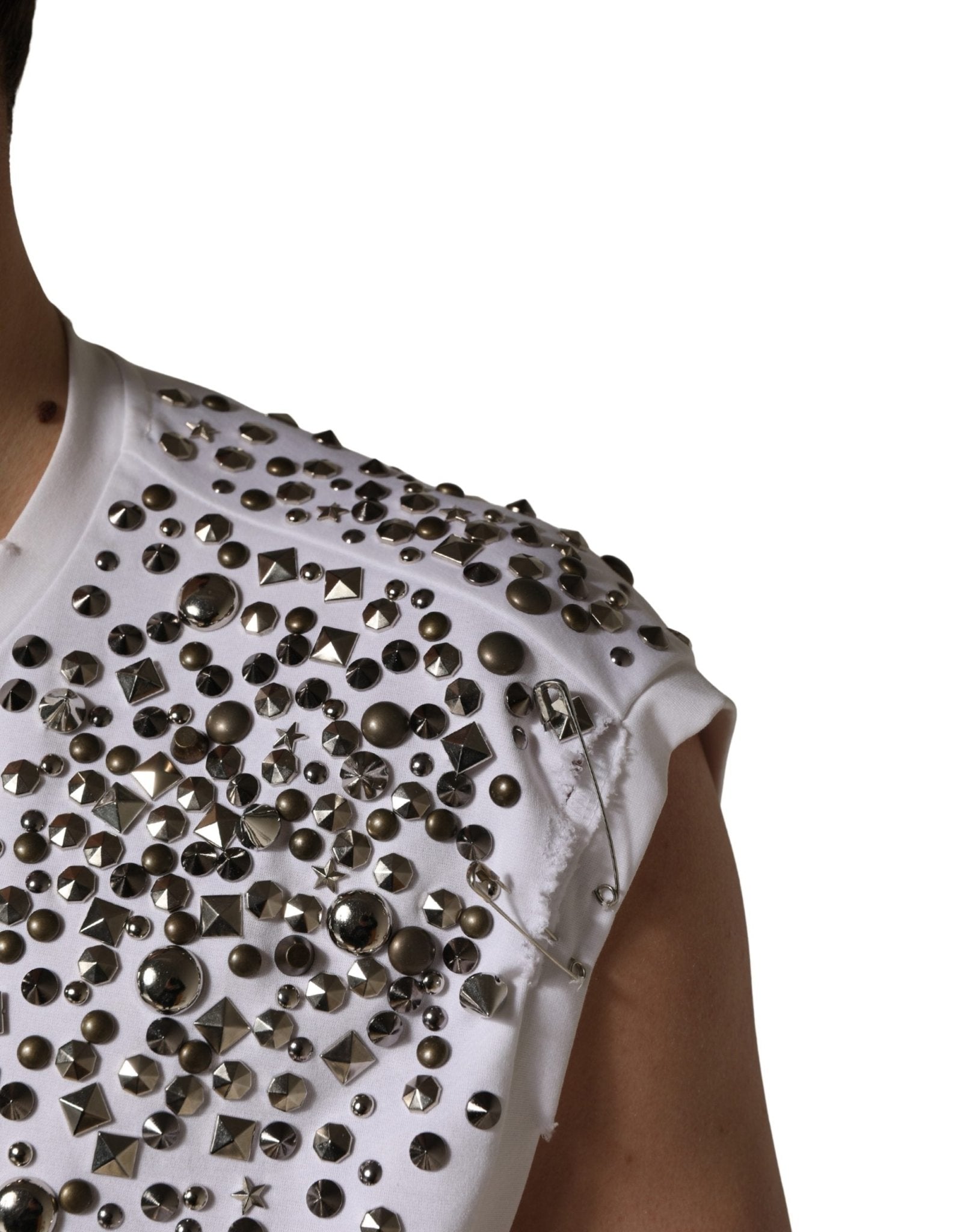 Dolce & Gabbana White Rhinestones Sleeveless Round Neck T-shirt - RIMODA