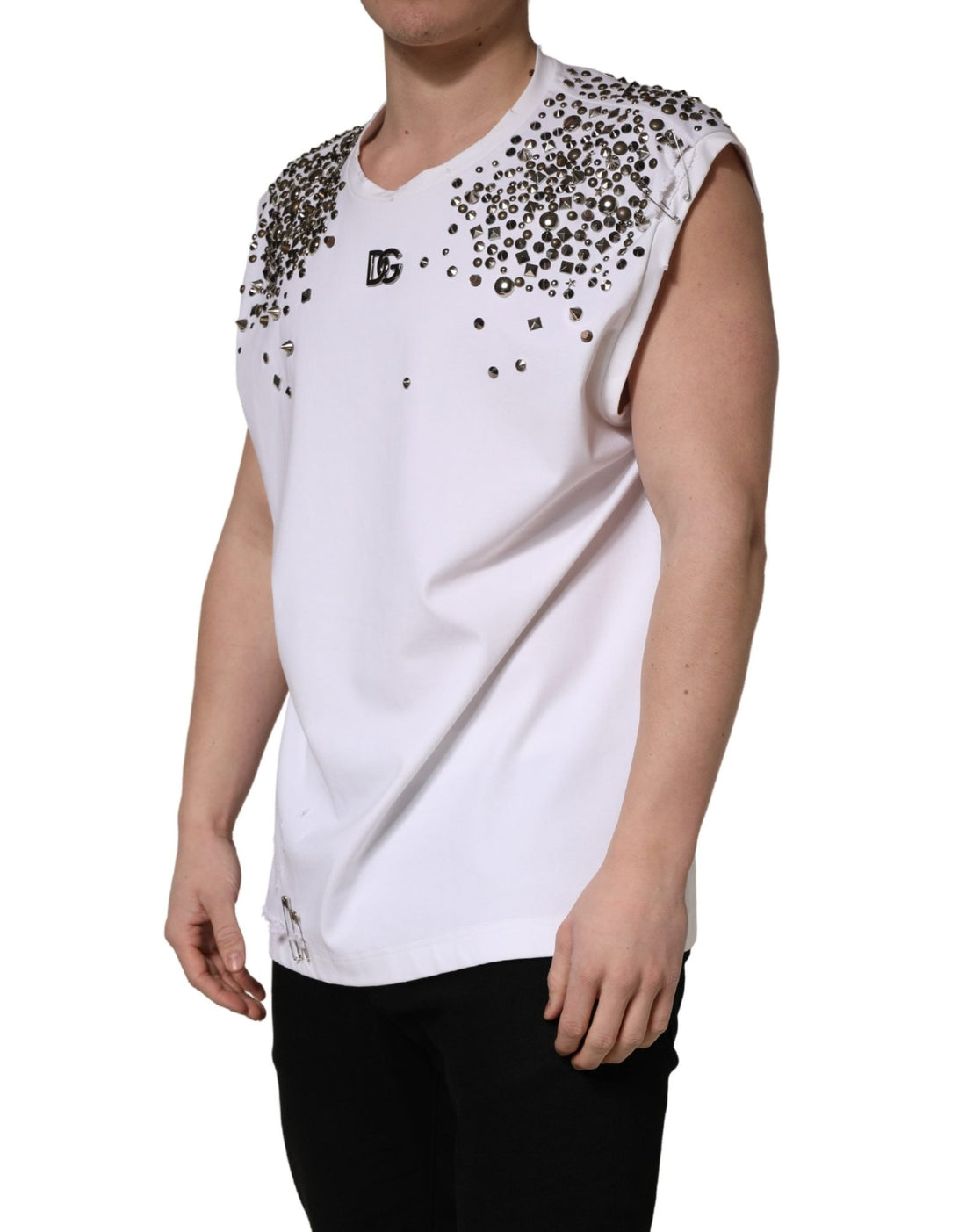 Dolce & Gabbana White Rhinestones Sleeveless Round Neck T-shirt - RIMODA