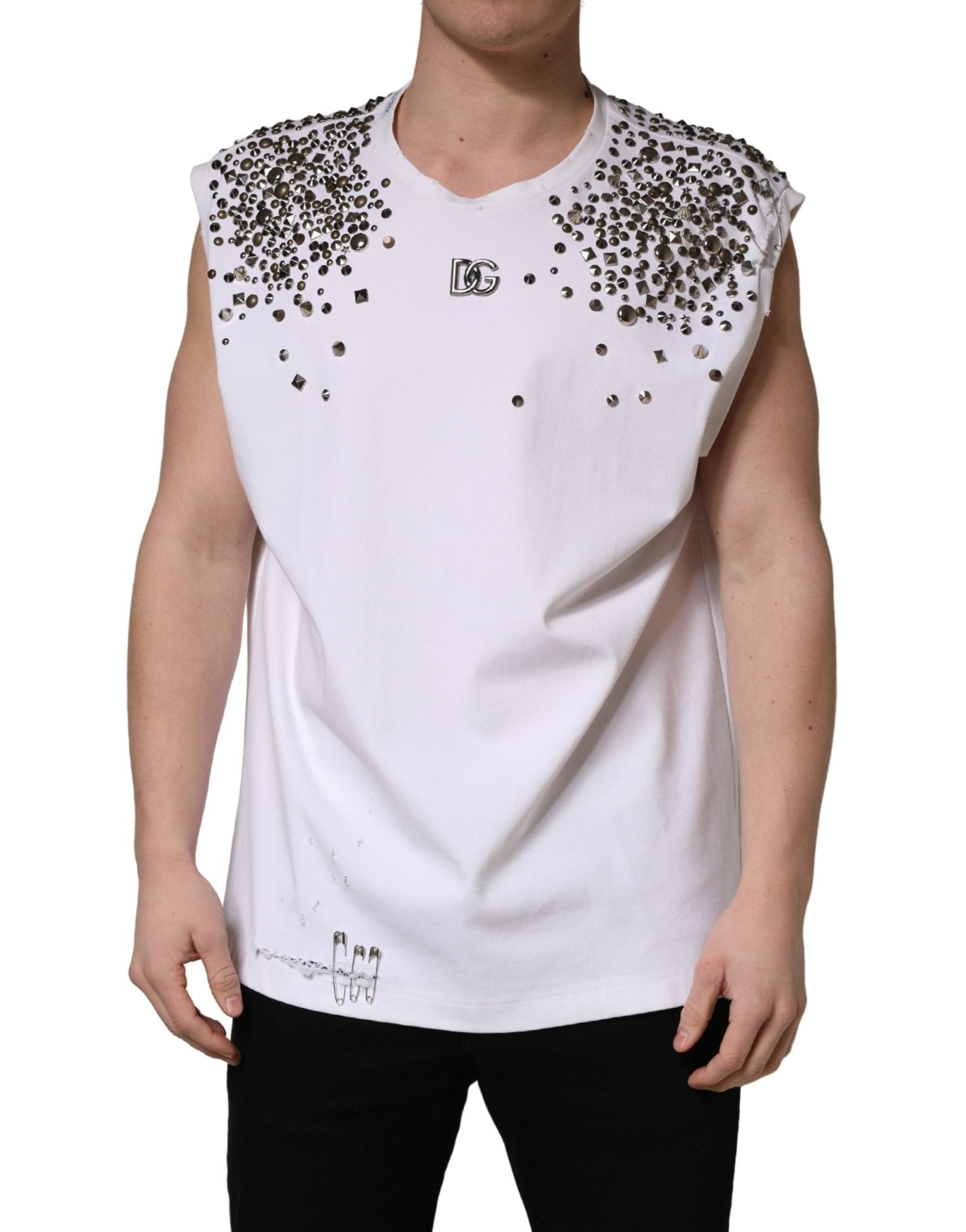 Dolce & Gabbana White Rhinestones Sleeveless Round Neck T-shirt - RIMODA
