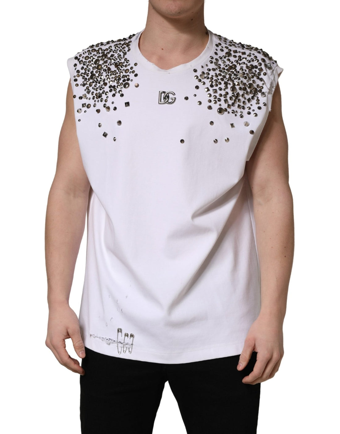 Dolce & Gabbana White Rhinestones Sleeveless Round Neck T-shirt - RIMODA