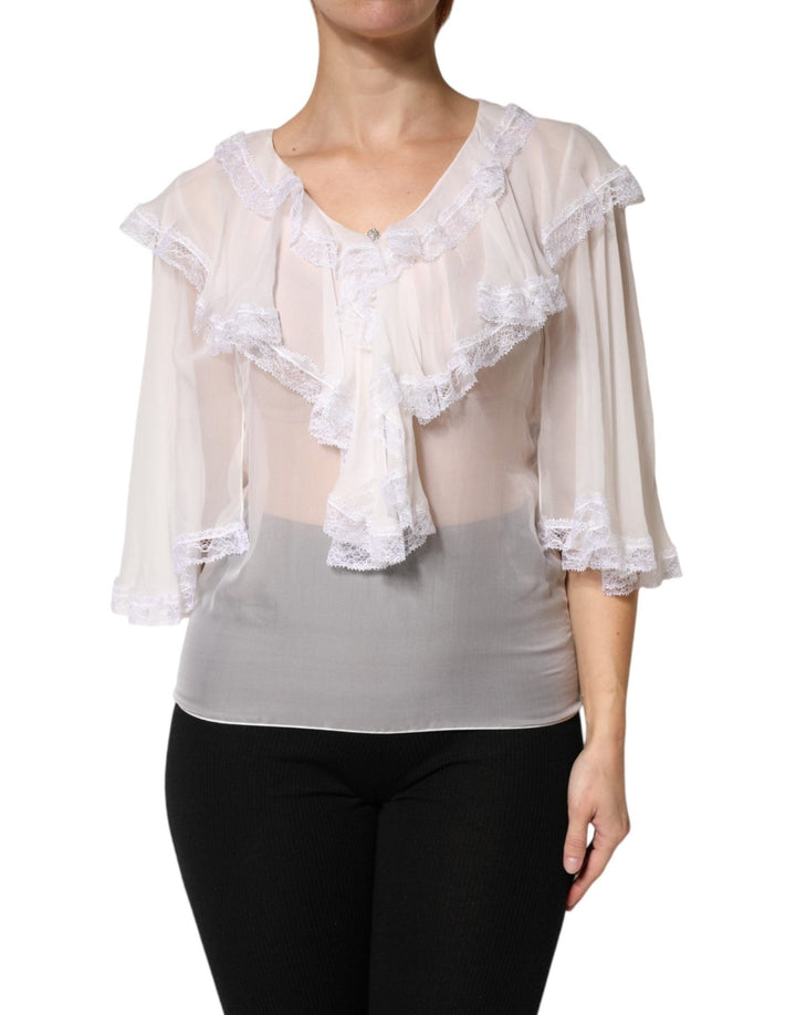 Dolce & Gabbana White Ruffles Lace Long Sleeve Blouse Top - RIMODA