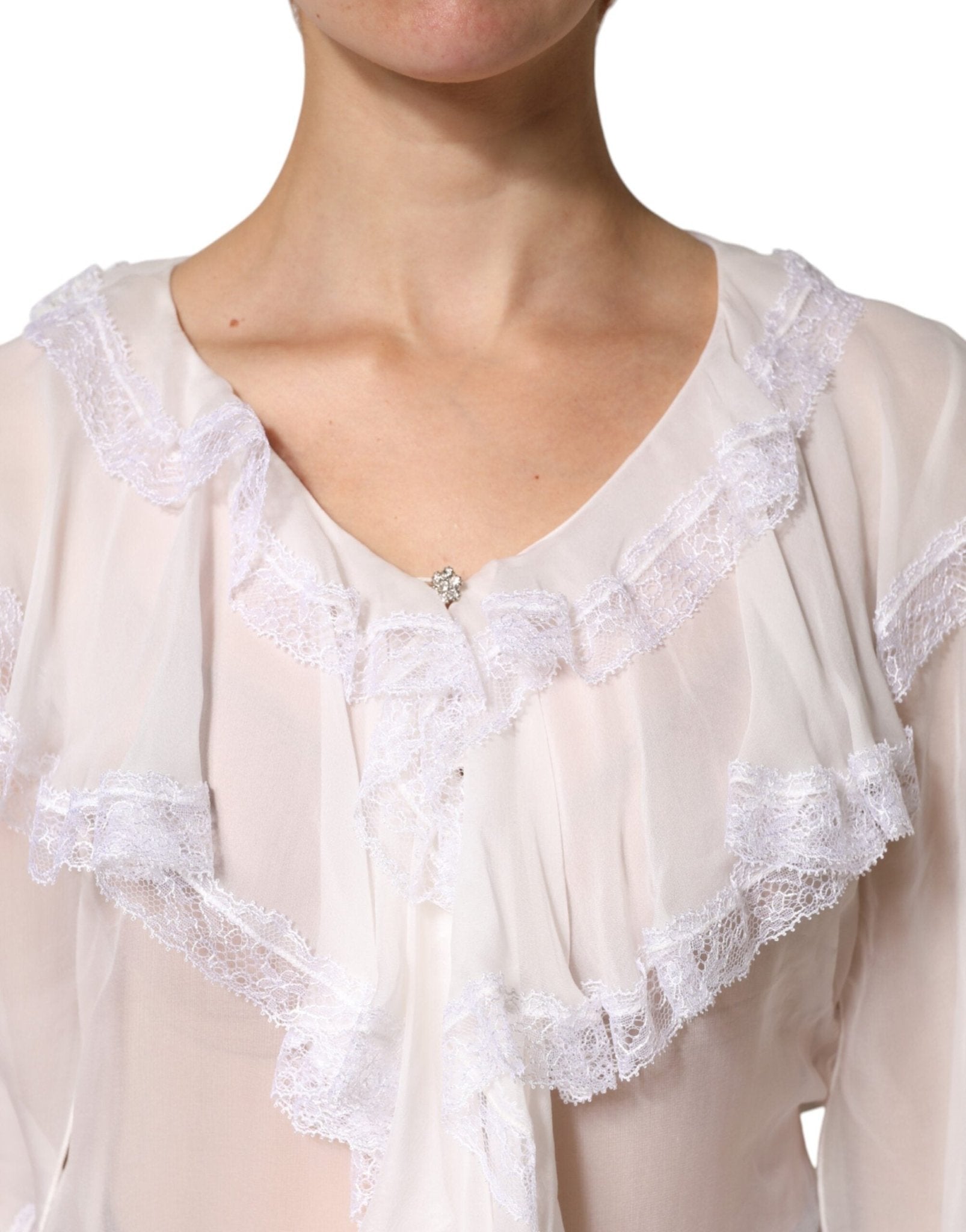 Dolce & Gabbana White Ruffles Lace Long Sleeve Blouse Top - RIMODA