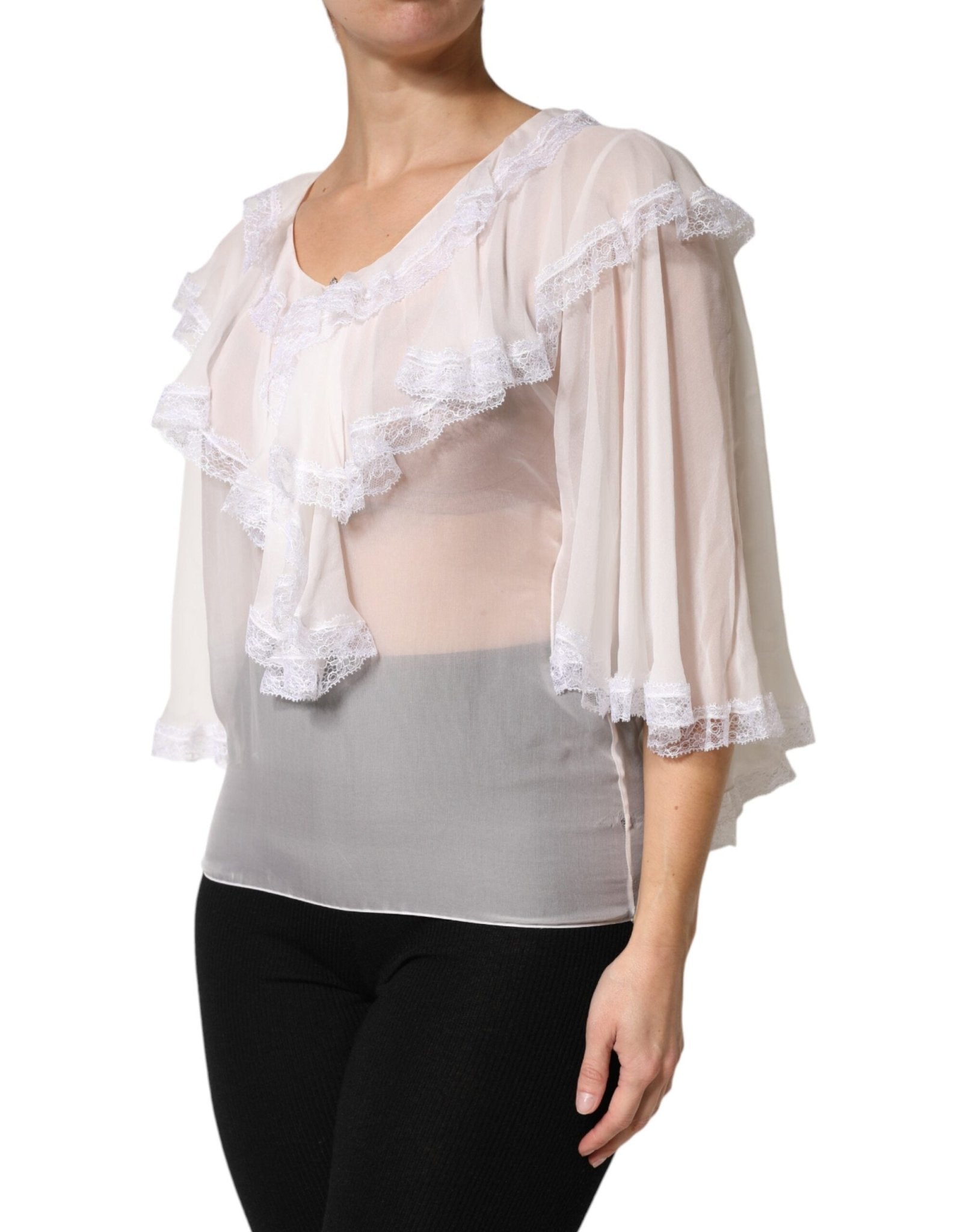 Dolce & Gabbana White Ruffles Lace Long Sleeve Blouse Top - RIMODA